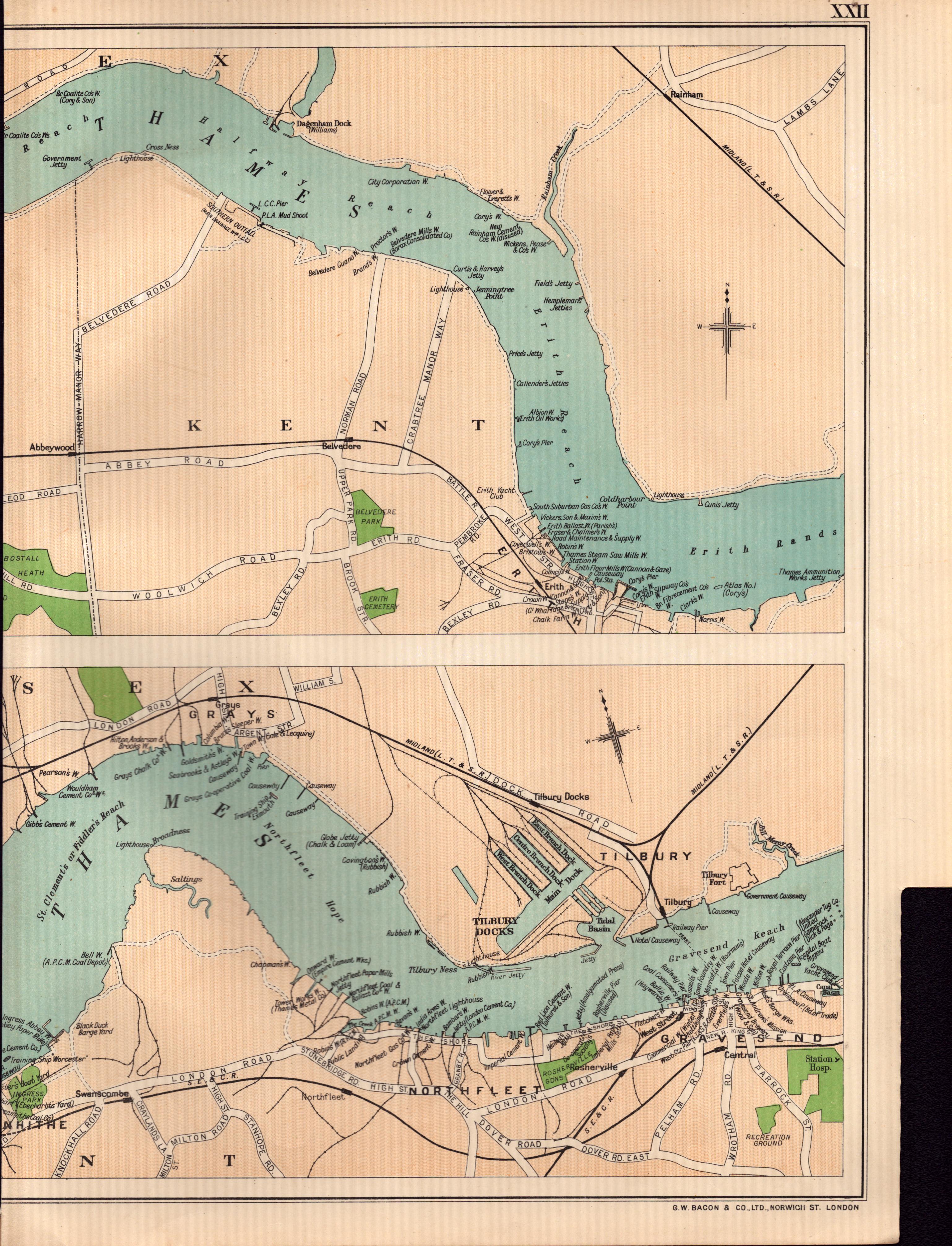 Bacons Vintage London Suburbs the River Thames Showing Wharves Map.