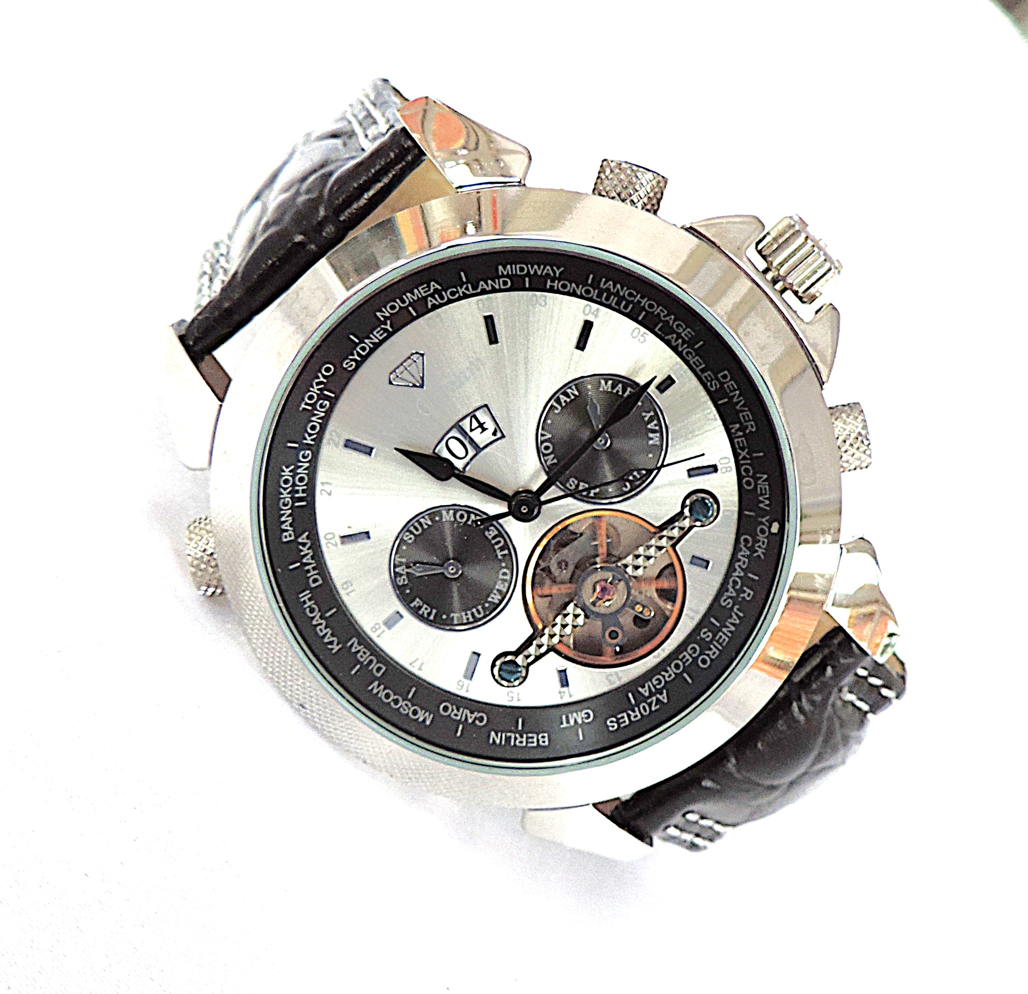 Yves Camani Automatic Watch YC1029-G World Timer Black Leather Strap 'NEW'