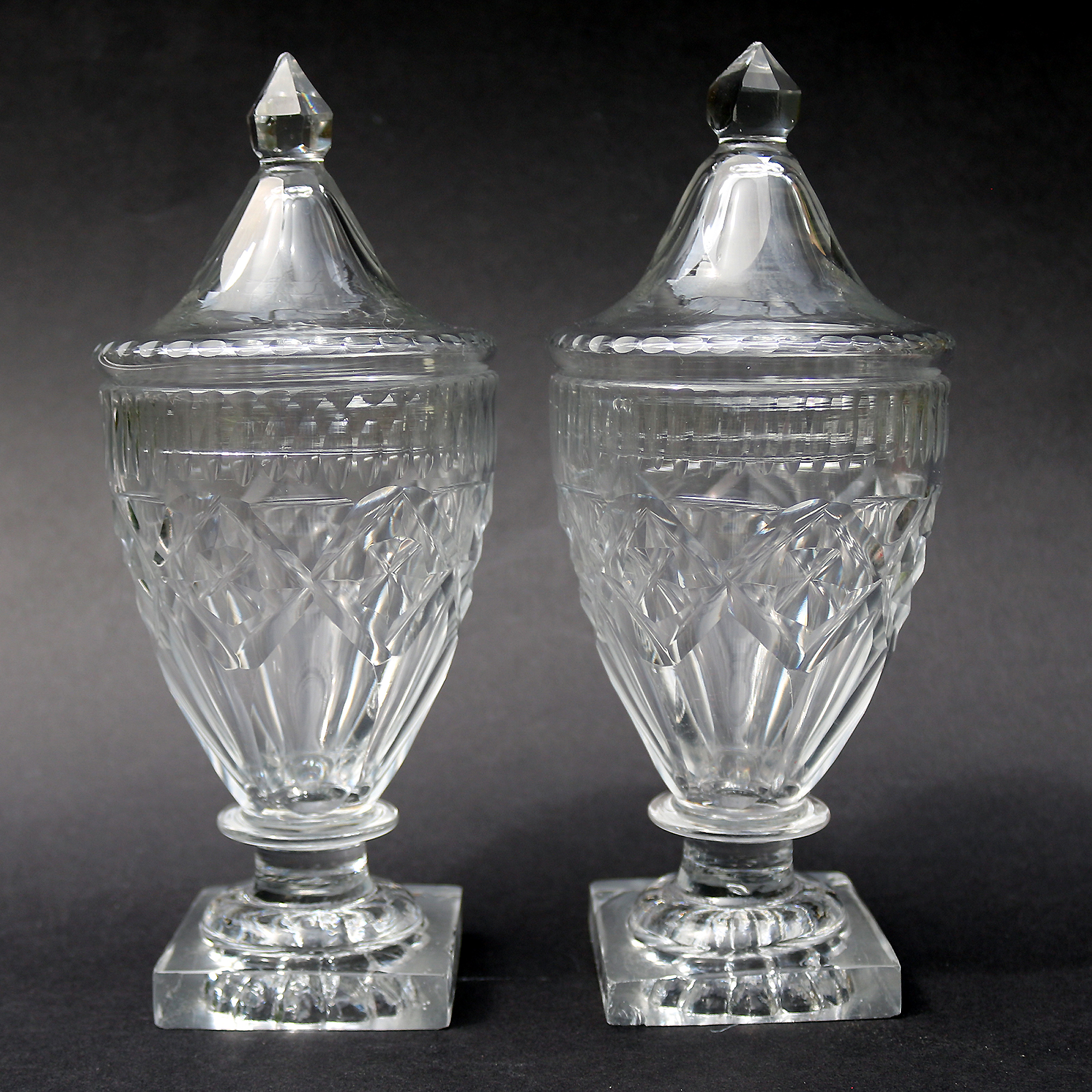 A Pair of Antique Georgian Irish Dublin Cork Cut Glass BonBon Jars Urns C.1790
