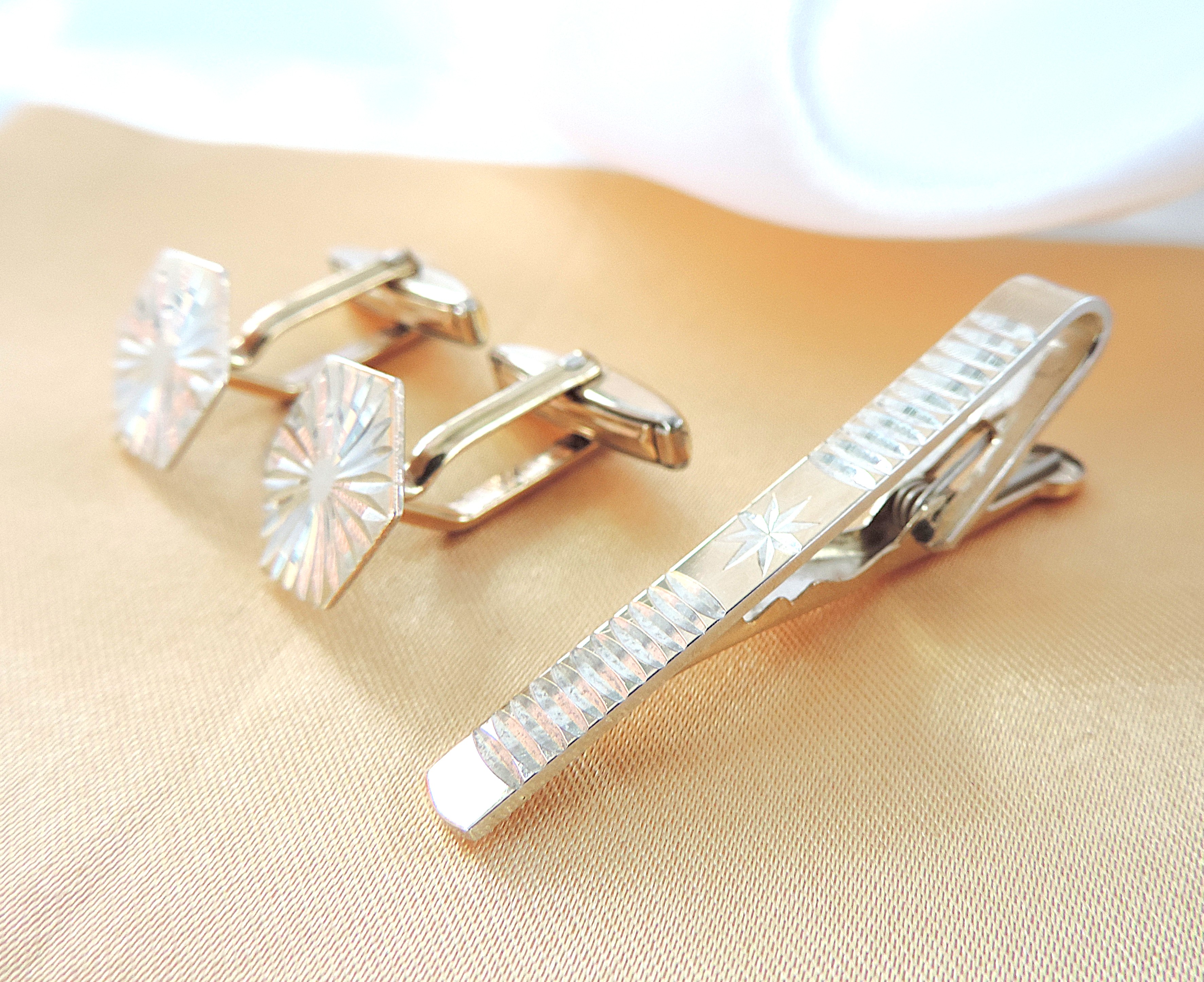 Vintage Gold on Sterling Silver Cufflinks & Tie Clip Set