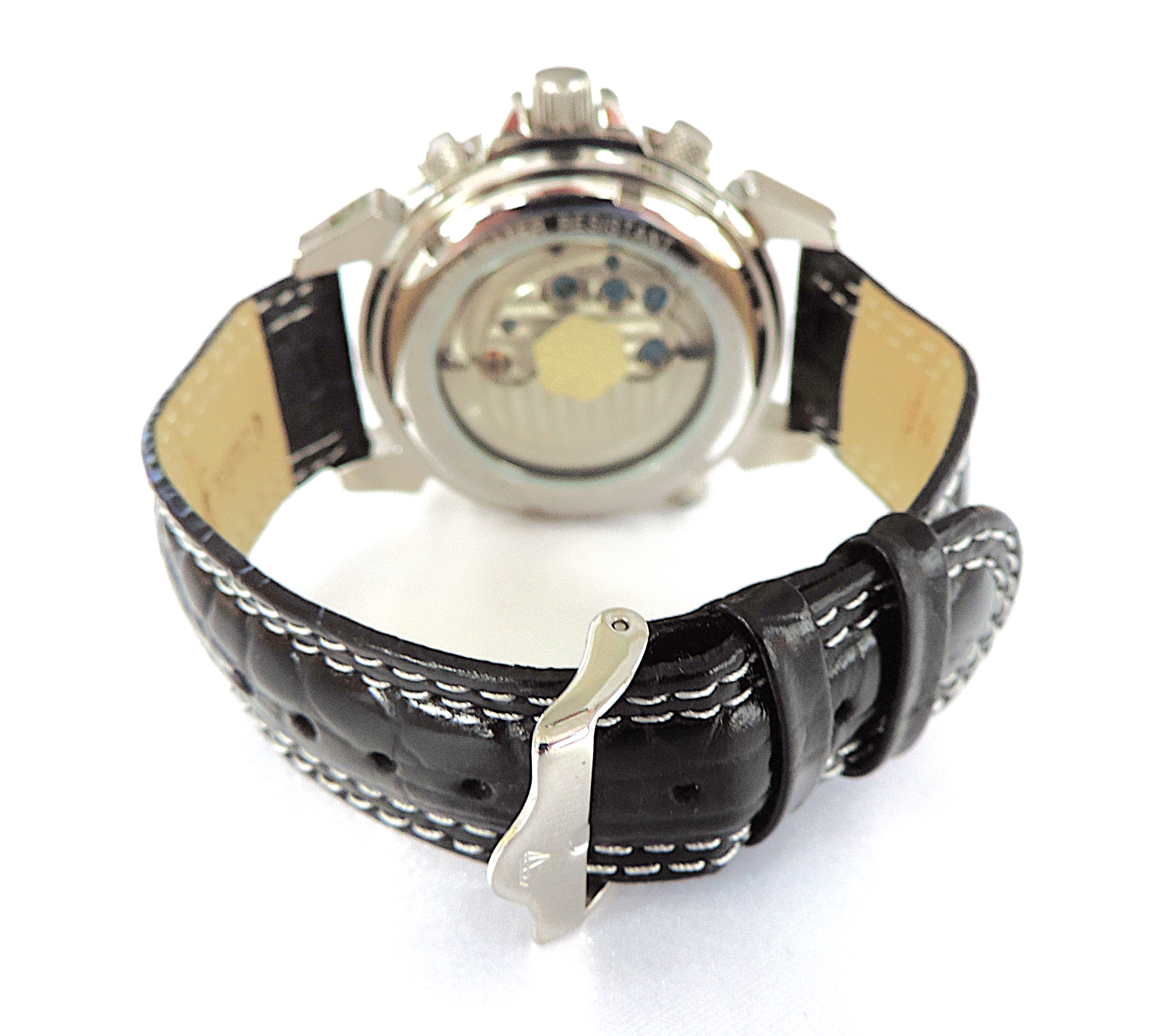 Yves Camani Automatic Watch YC1029-G World Timer Black Leather Strap 'NEW'