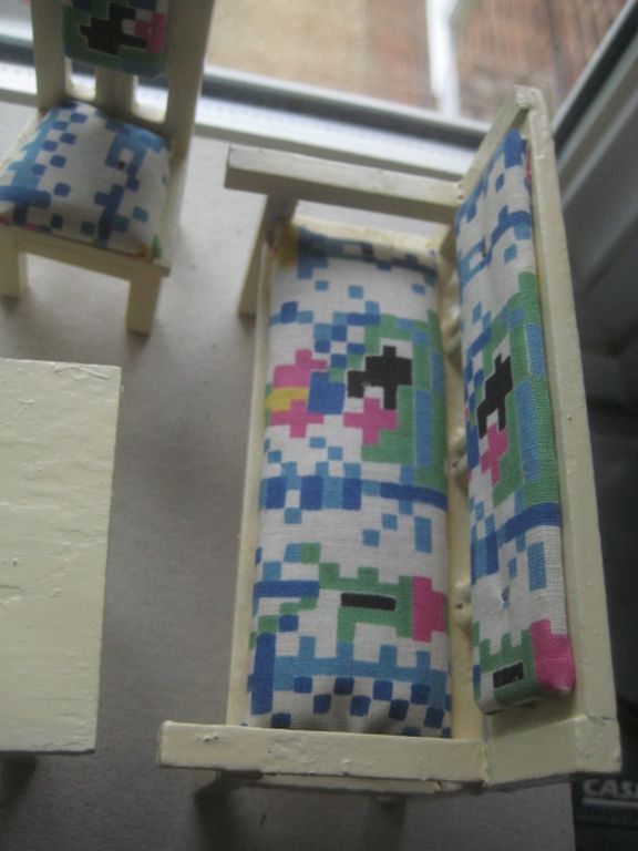 Vintage Dolls House Wooden Table, Settee Chair, and Three Chairs