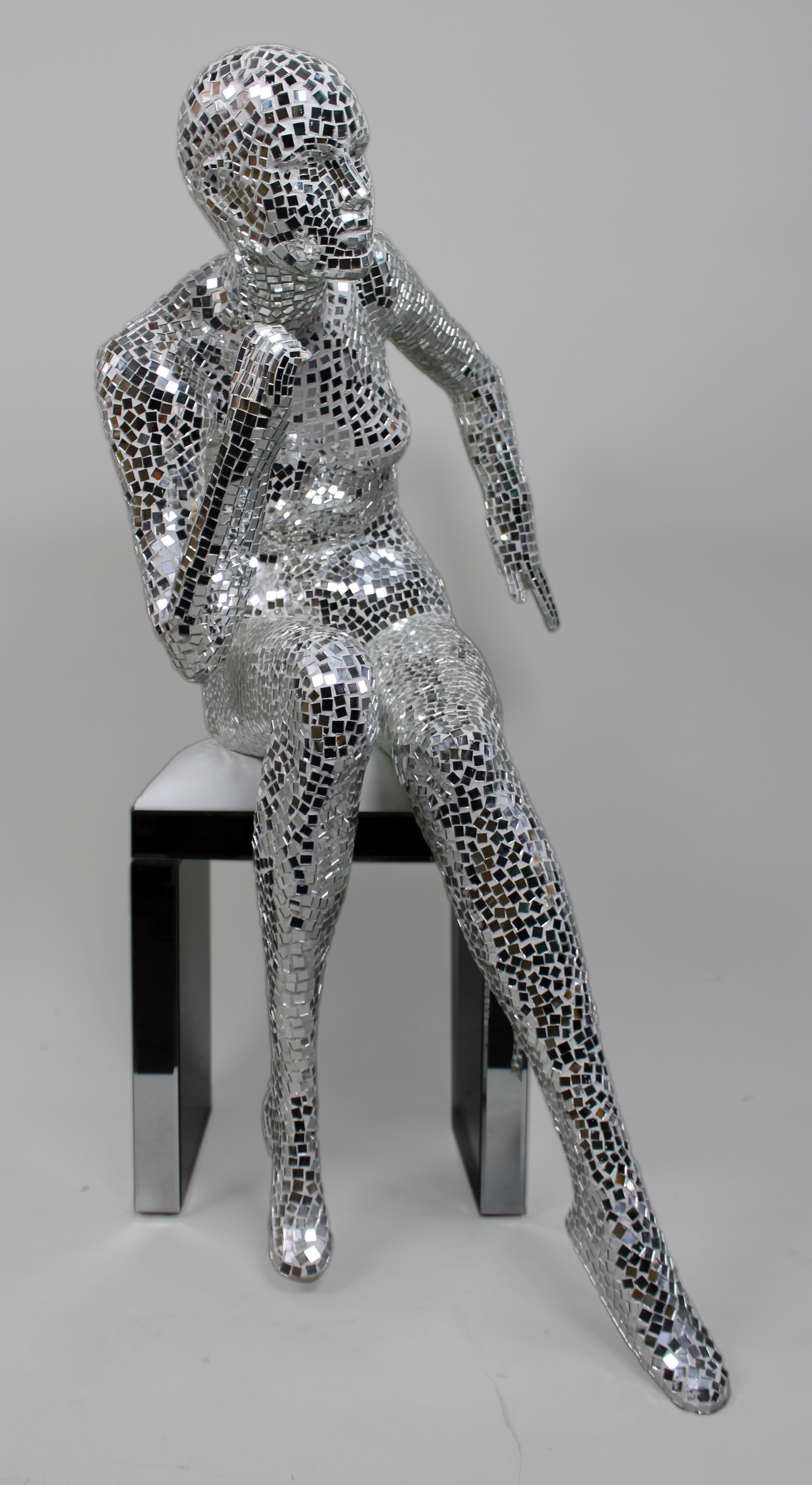 Large Mirrored Mosaic Female Figure Sculpture with Hat