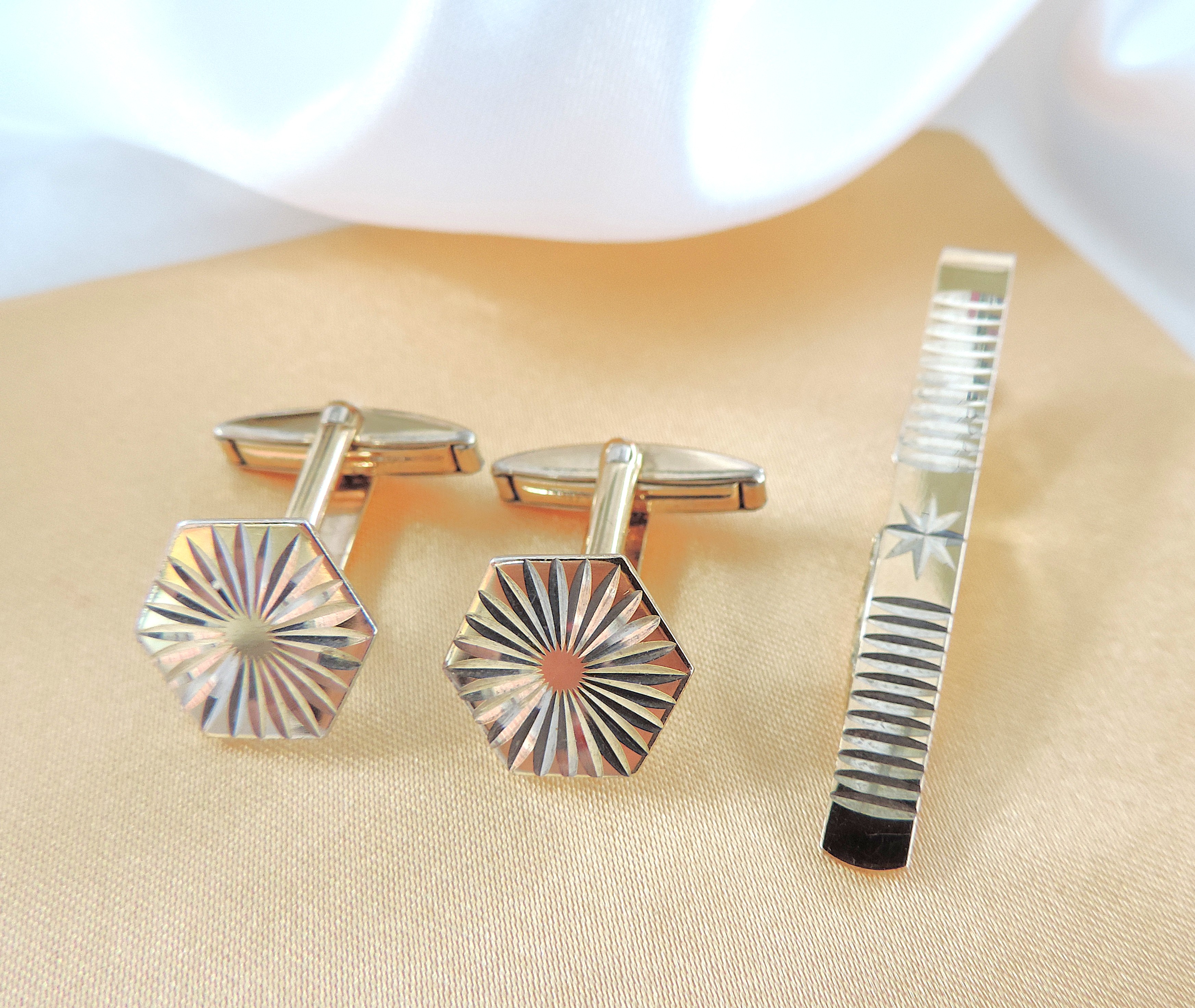 Vintage Gold on Sterling Silver Cufflinks & Tie Clip Set