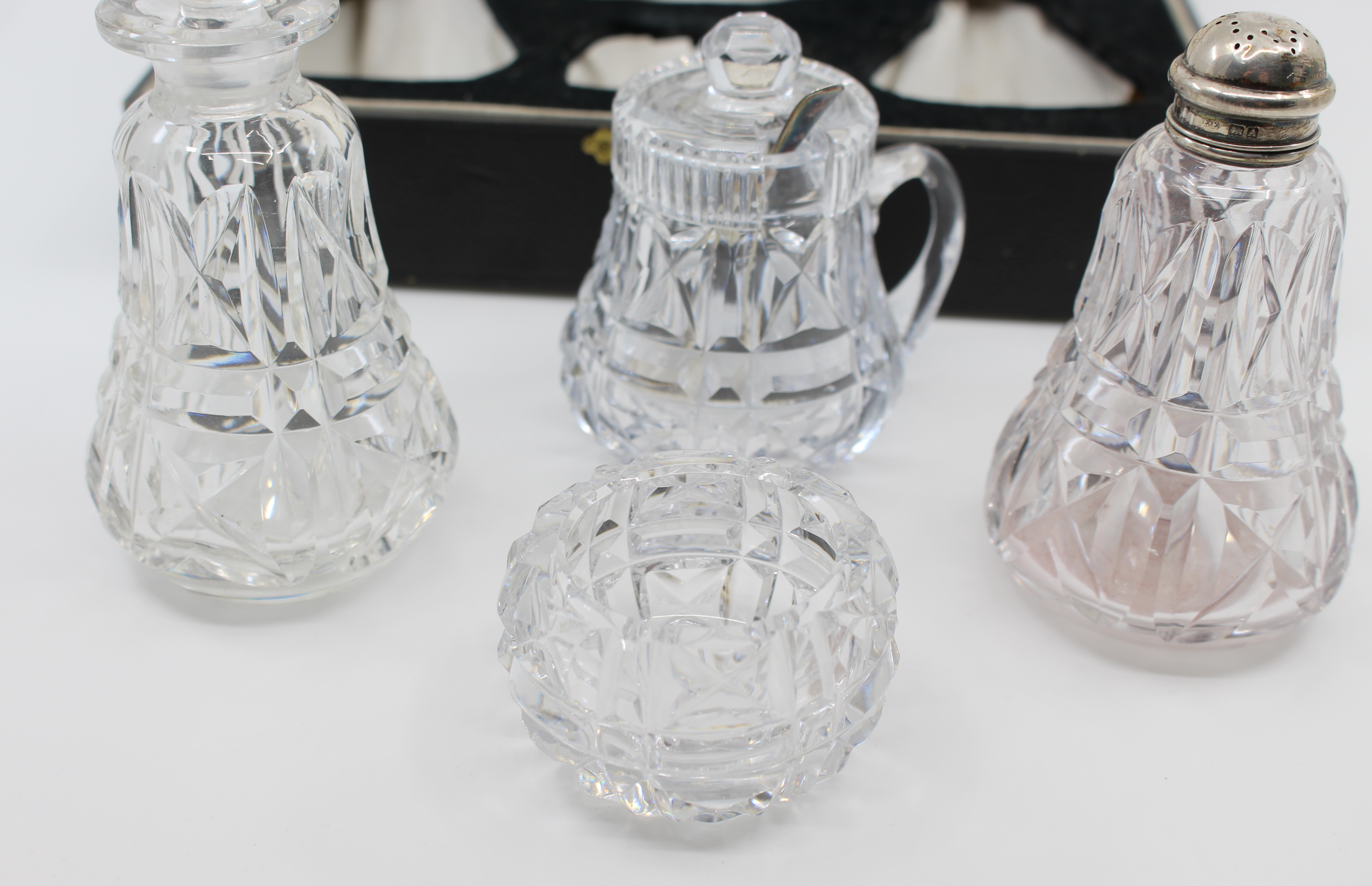 Cased John Walsh Crystal & Silver Cruet Set 1925