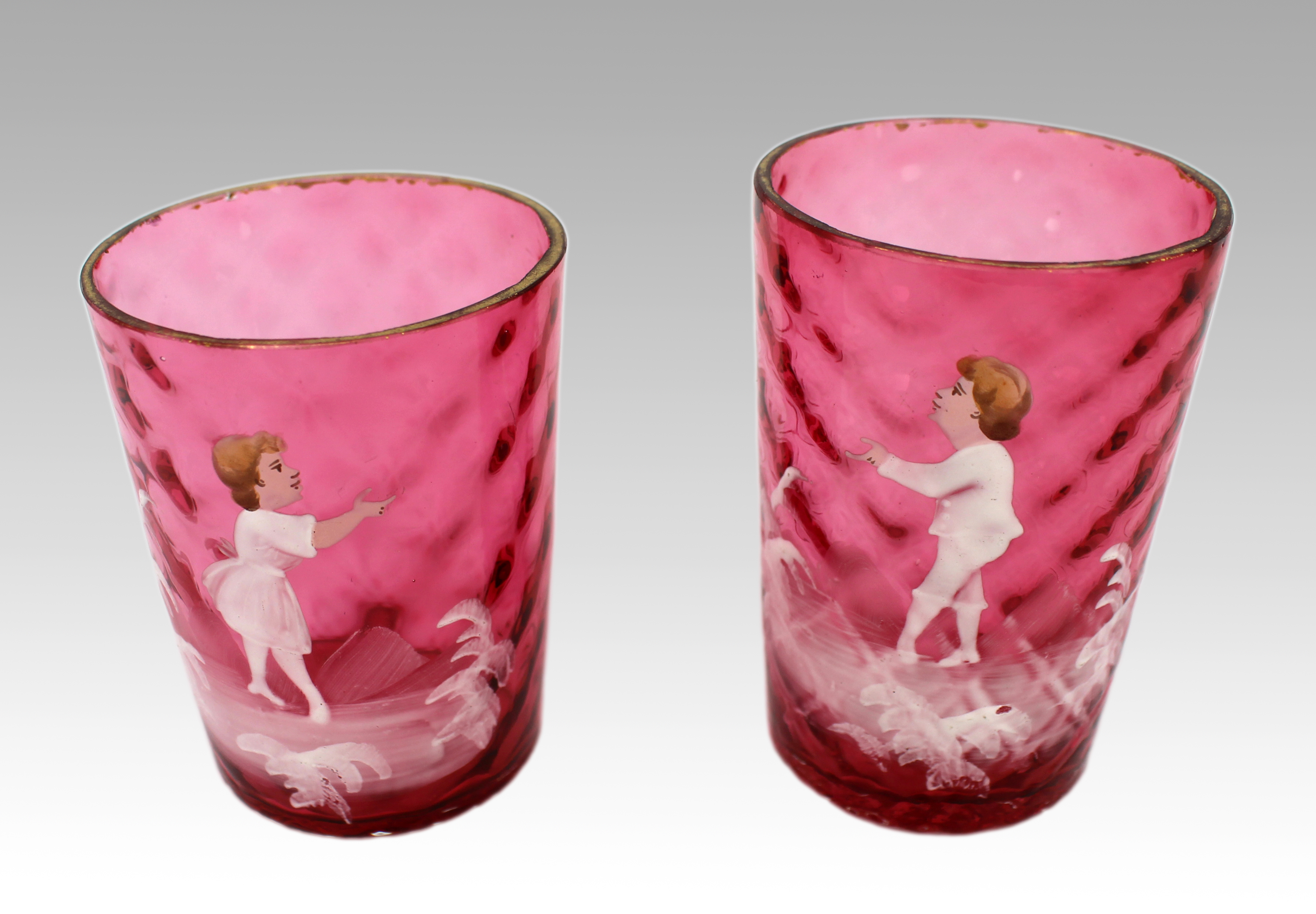 Pair of Victorian Cranberry Glass Tumblers – Mary Gregory Style