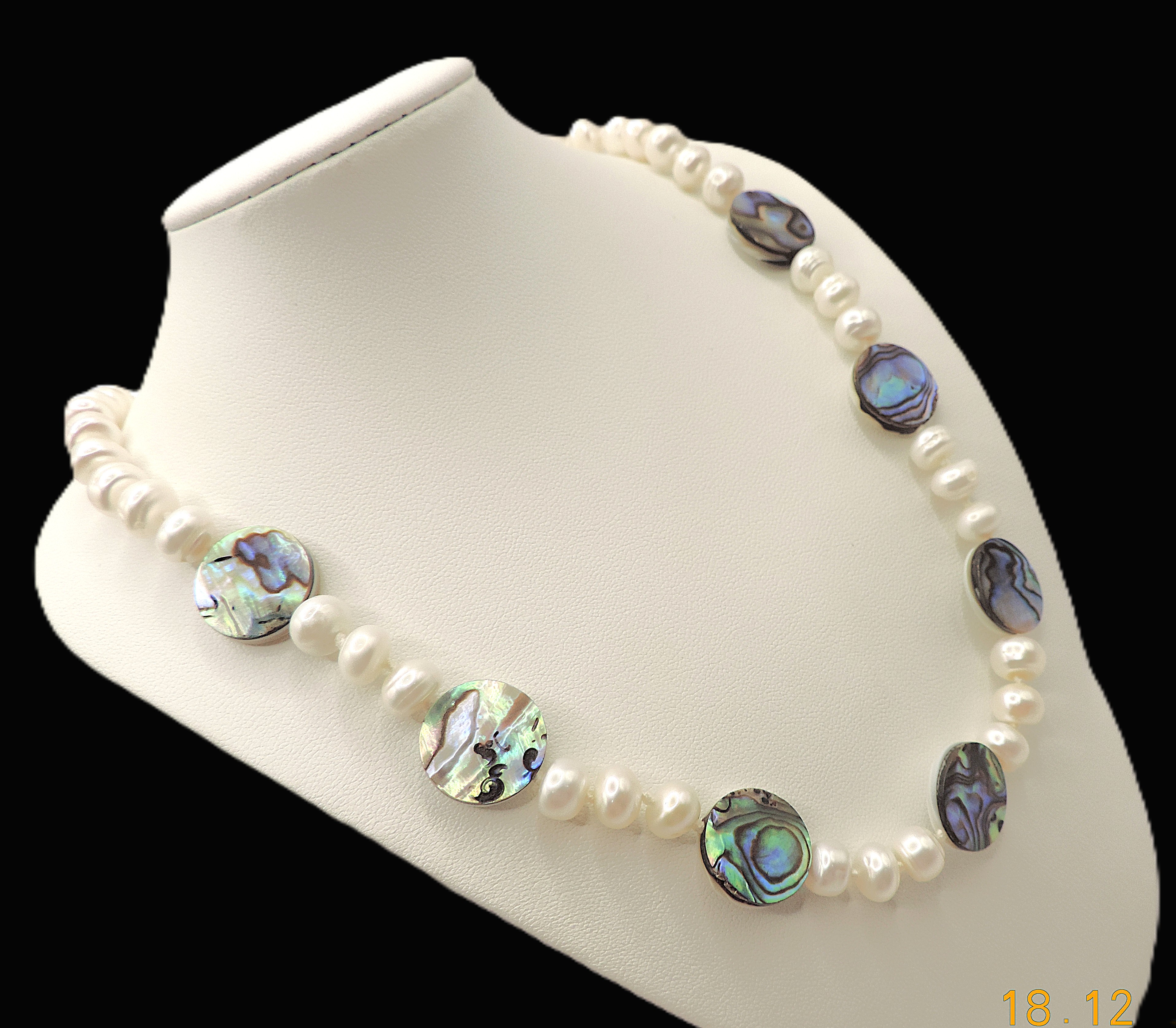 Freshwater Cultured Pearl & Paua Shell Necklace Silver Clasp New With Gift Pouch