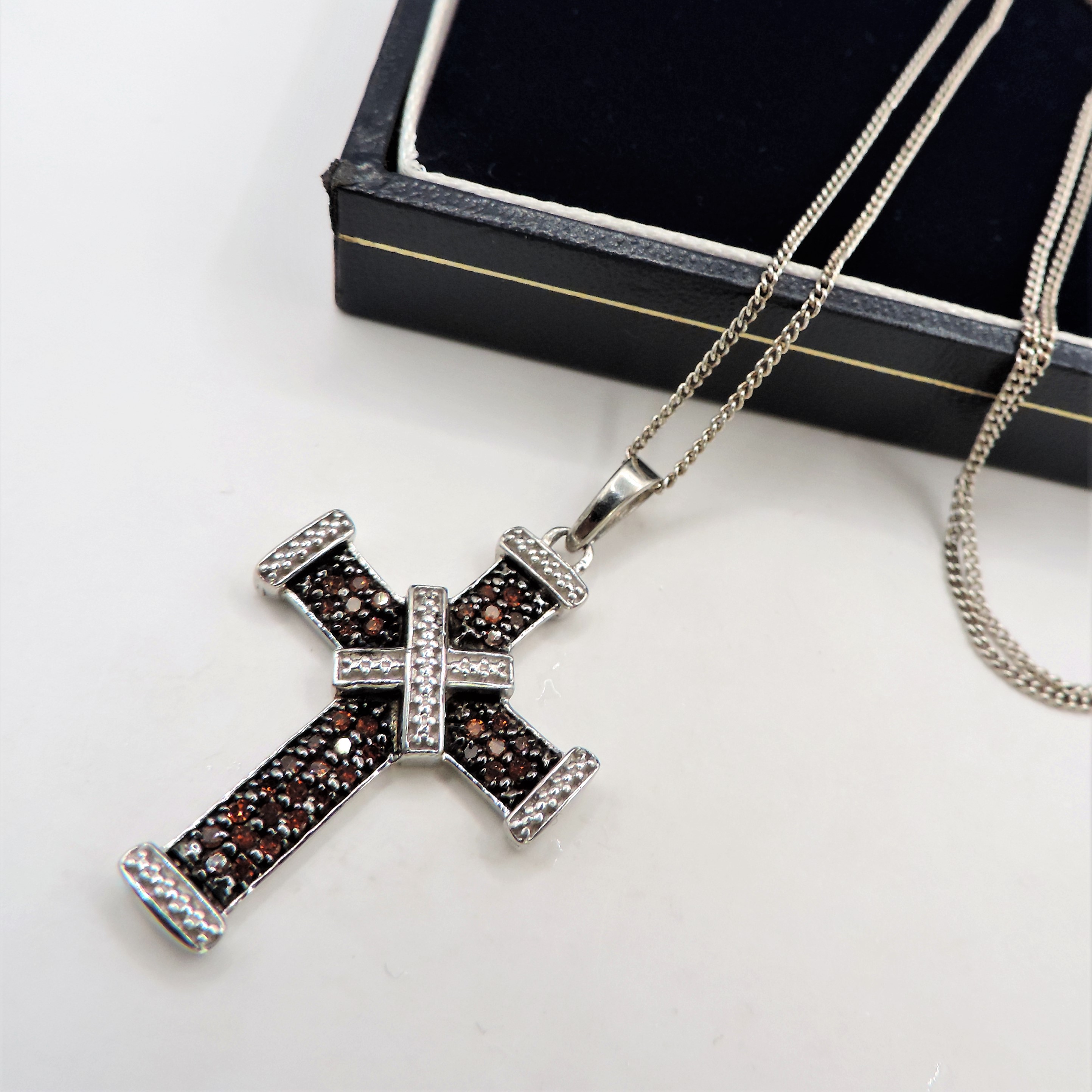 Platinum on Silver Cognac Diamond Cross Pendant Necklace 'New' with Gift Box