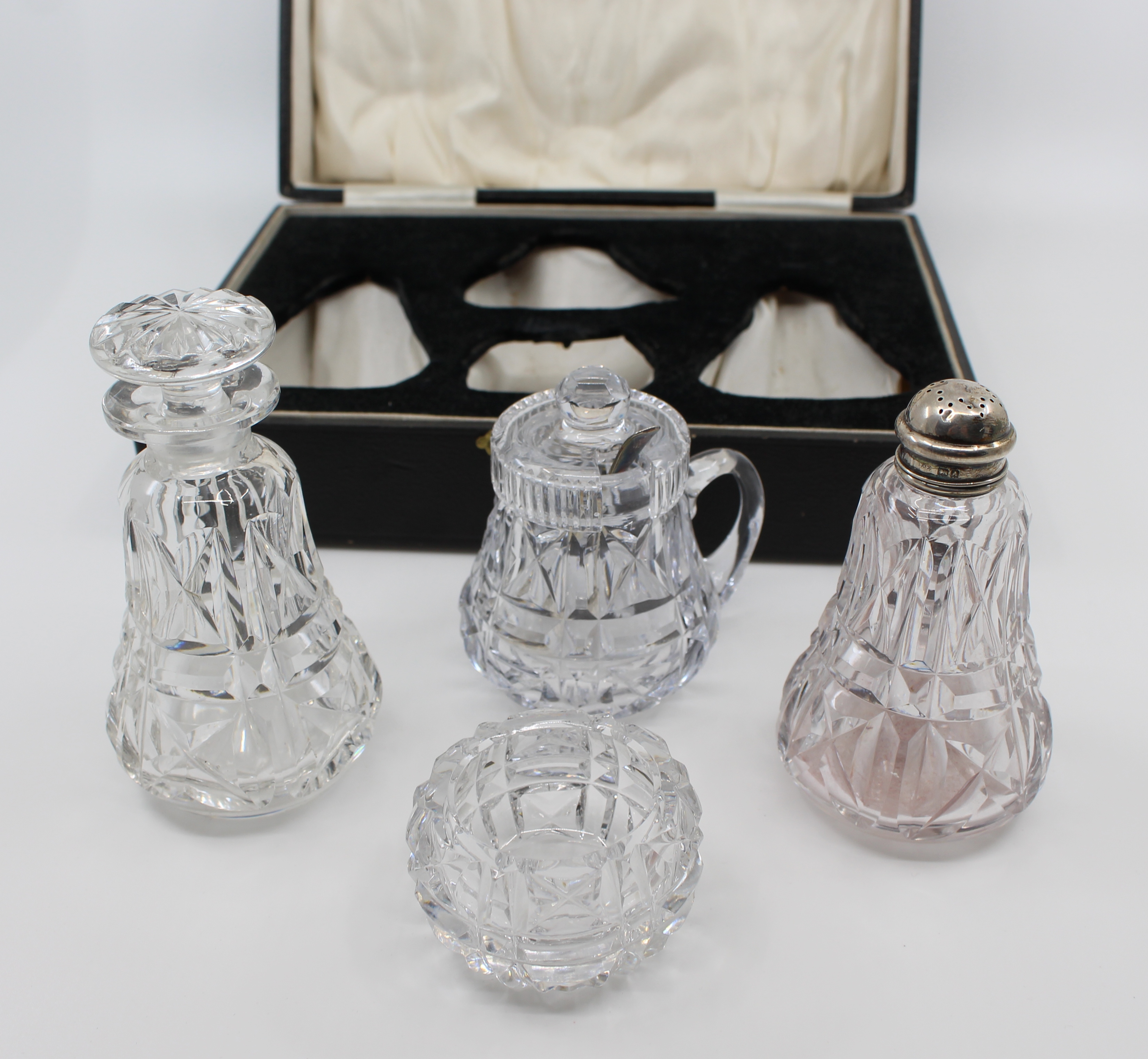 Cased John Walsh Crystal & Silver Cruet Set 1925