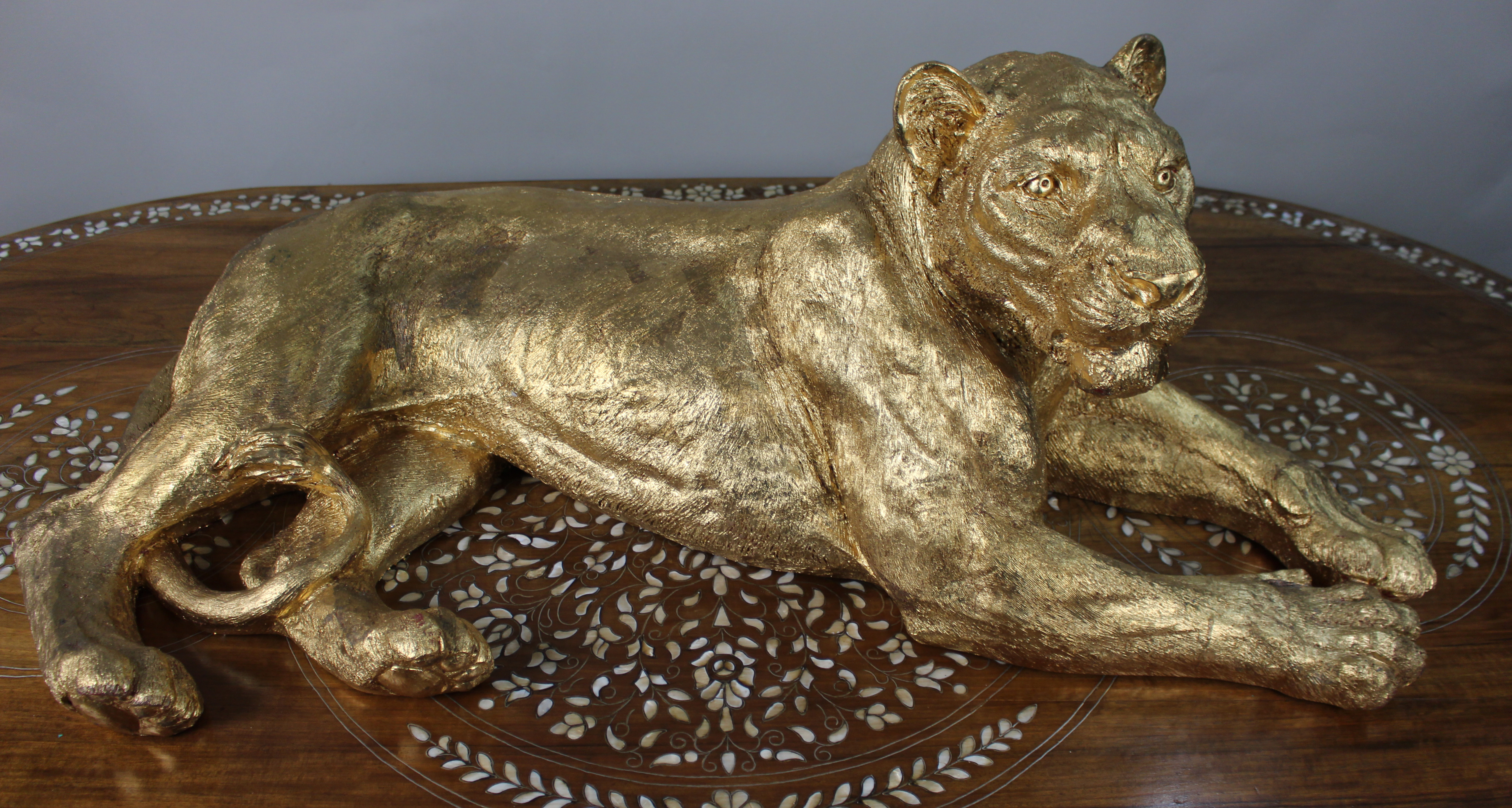 Large Reclining Lioness Sculpture Resin with Hand-Applied Gold Leaf Finish