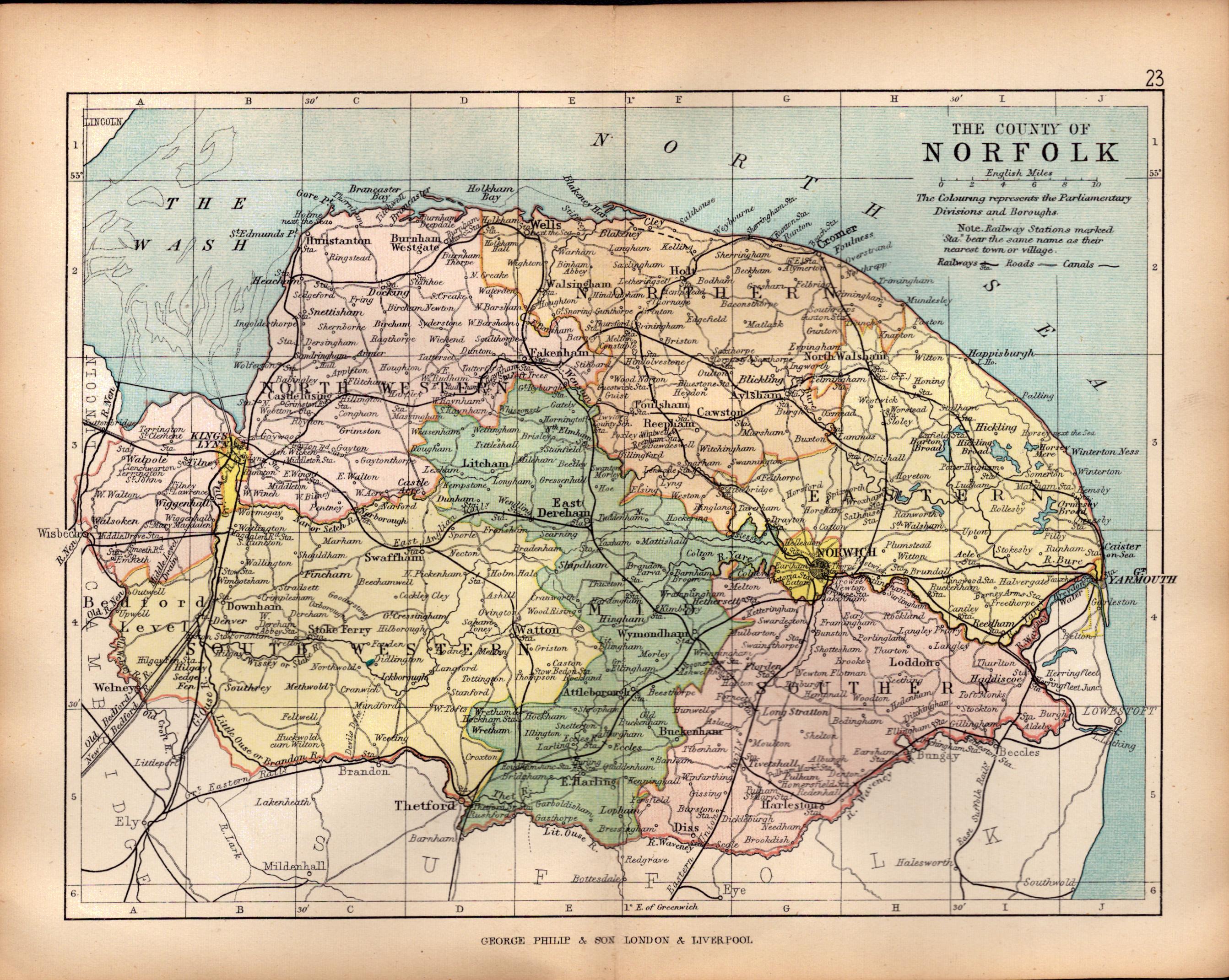 County of Norfolk 1895 Antique Victorian Coloured Map.