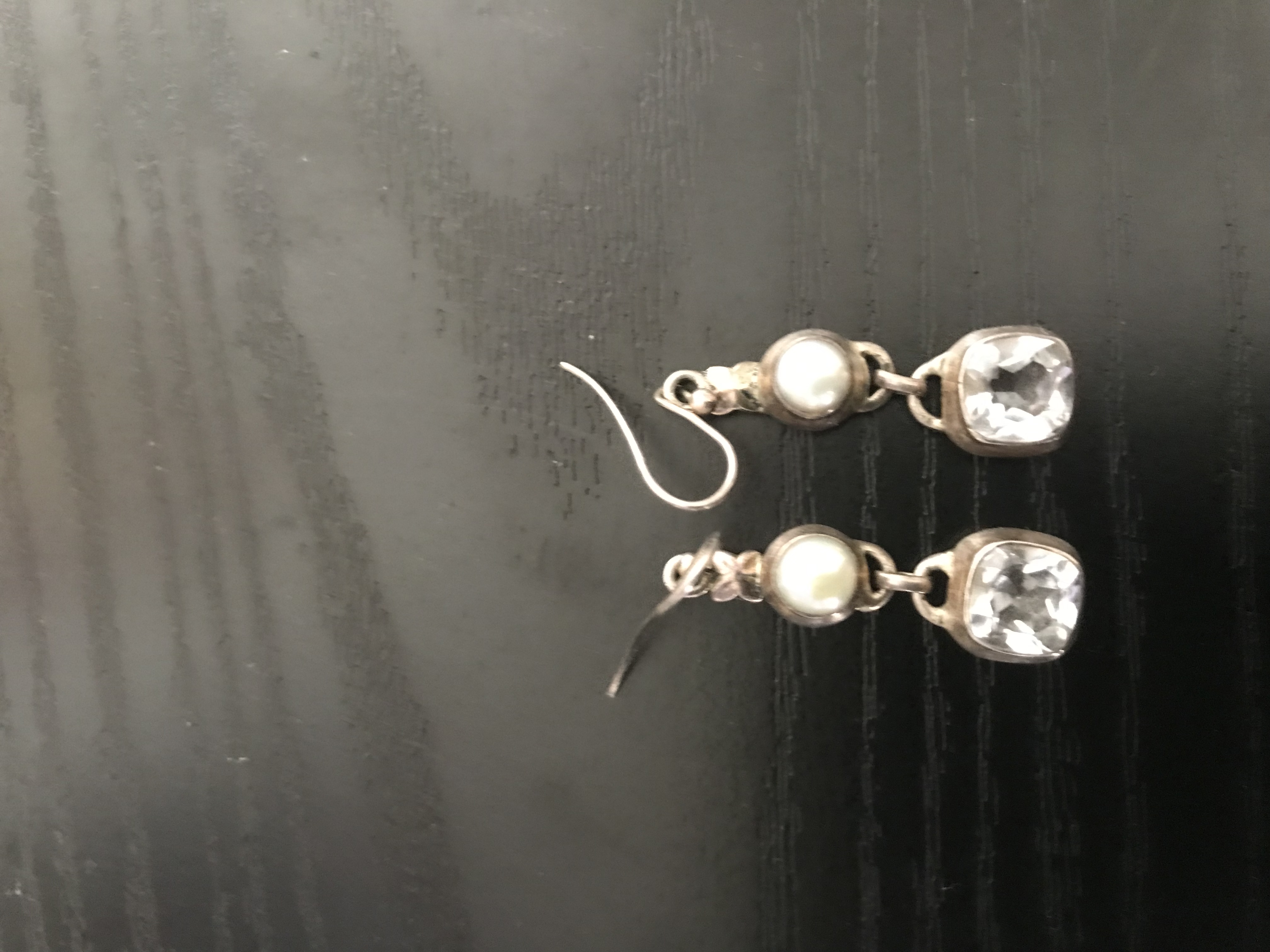 Vintage 925 Sterling Silver Clear Quartz and Pearl Drop Earrings