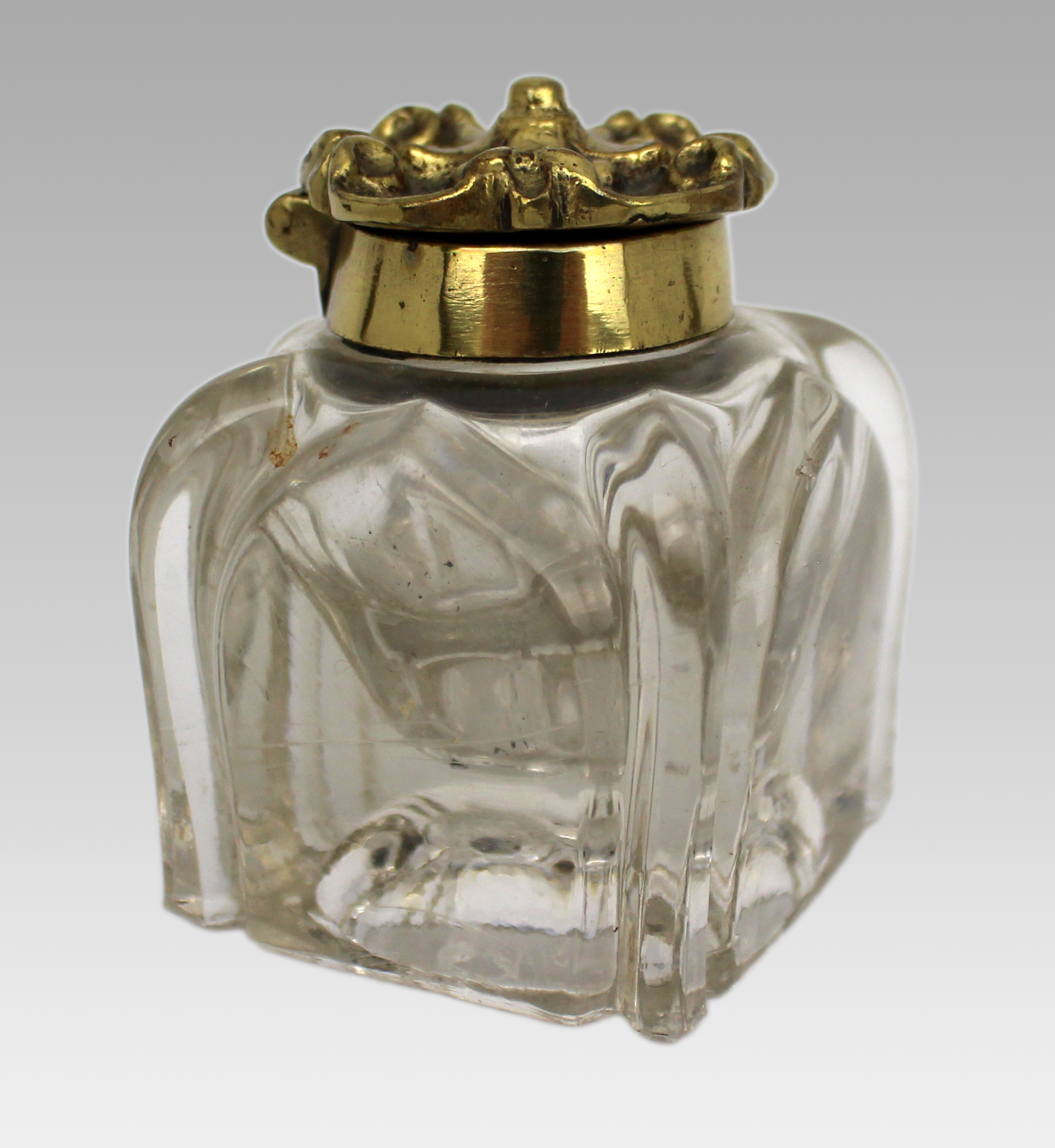 Antique Cut Glass and Brass Crown-Top Inkwell, c. 1900