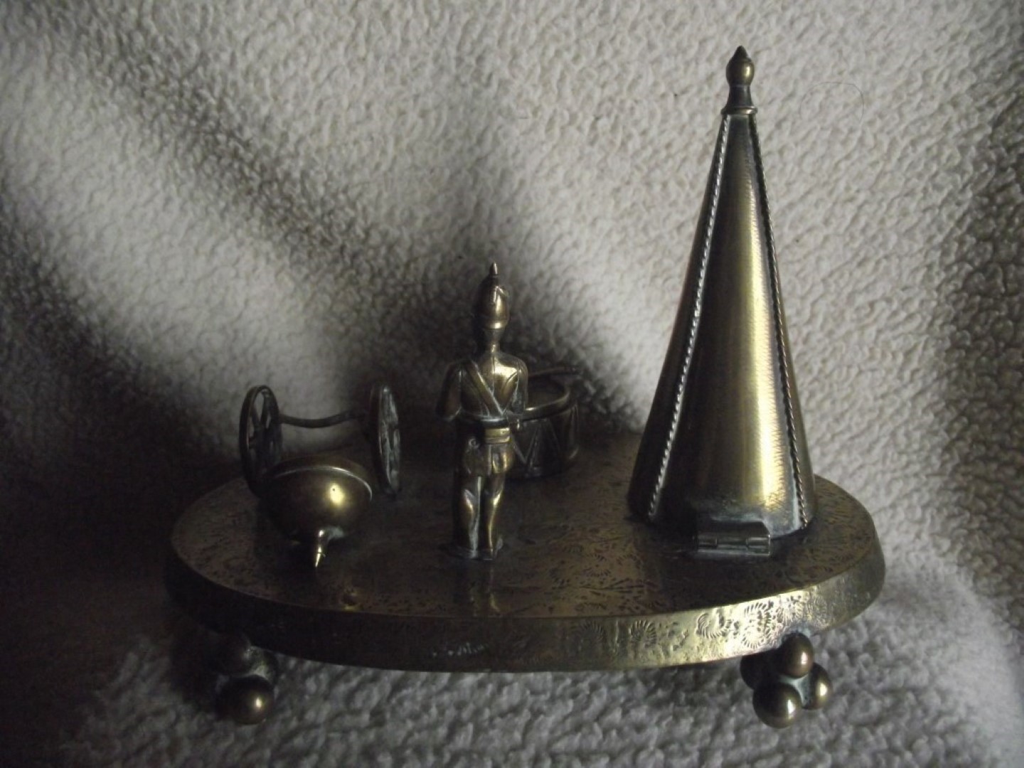 Victorian Brass Inkwell Desk Set - Military Theme - Lozenge Mark 13th January 1883