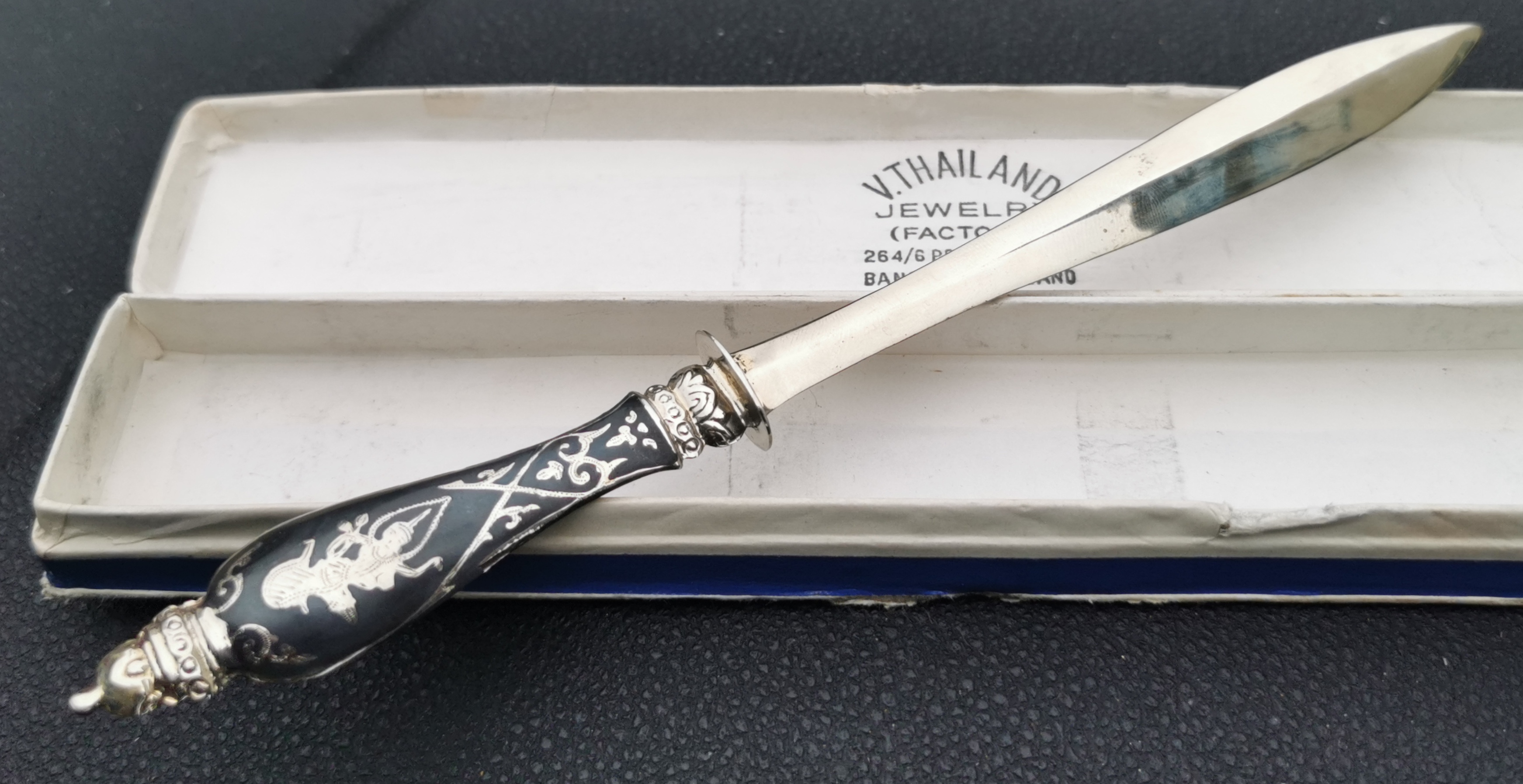 Vintage Thai Siam Niello Letter Opener Paper Knife Boxed