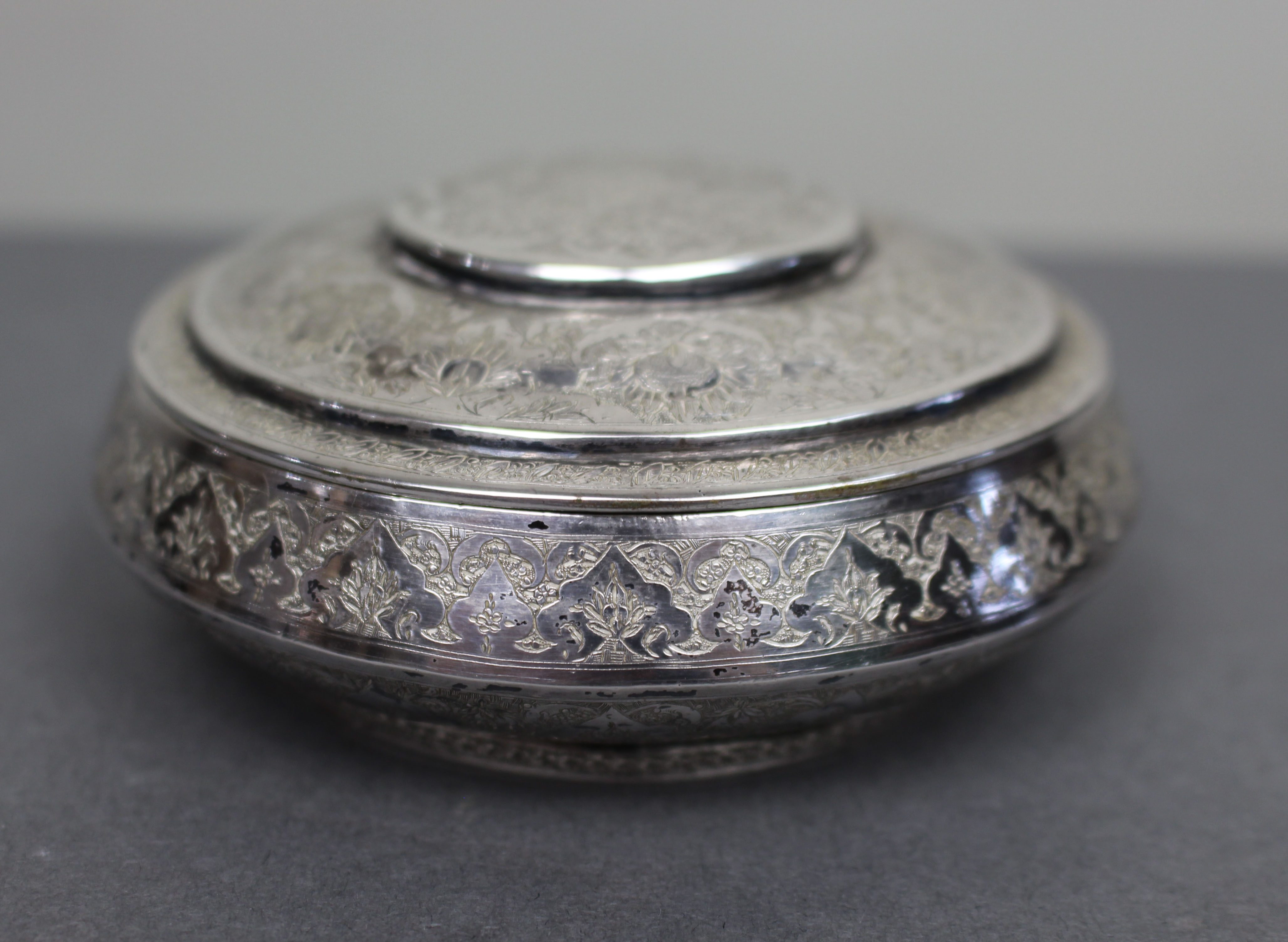 Persian Silver Circular Box with Floral Motifs, Iran, c.1950