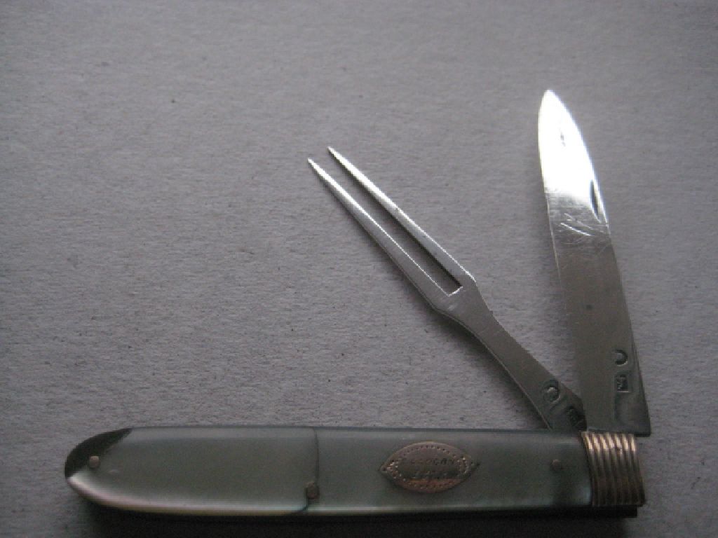 Rare George III Gold Mounted Slotting Silver Bladed Folding Fruit Knife and Folding Fork
