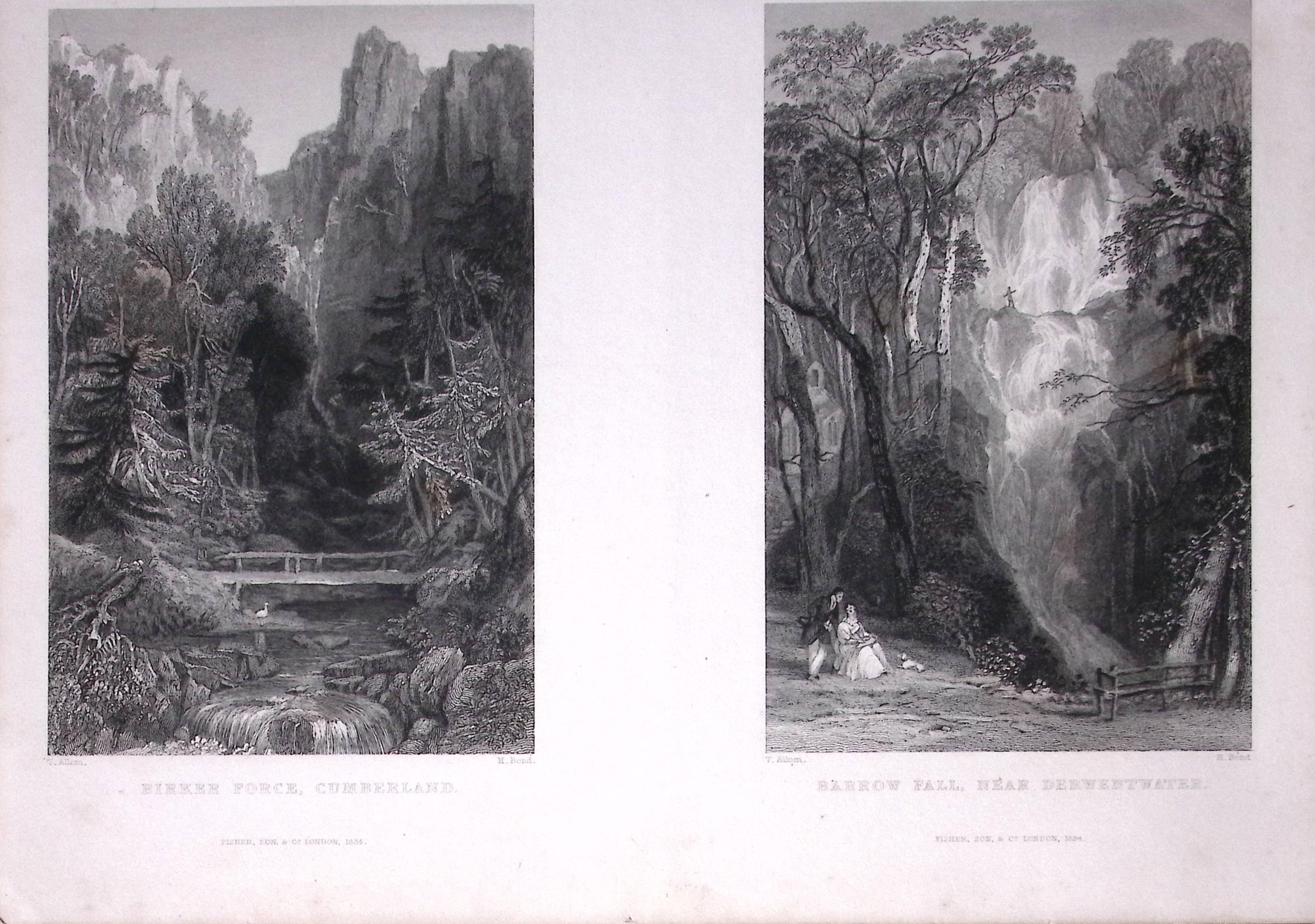 Birker Force, Barrow Force Lake District 1835 Antique Steel Engraving-3-TR