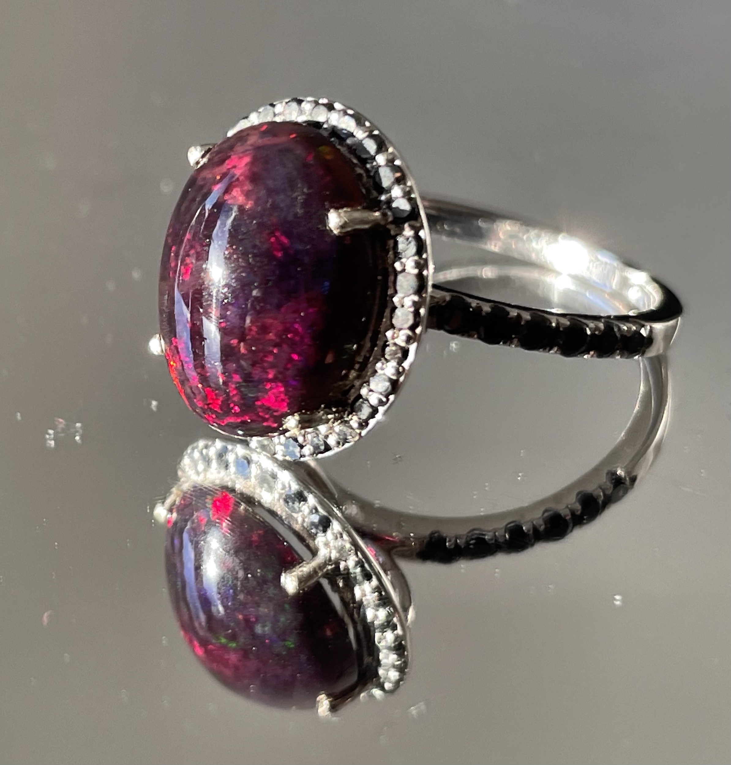 Beautiful 6.49 CT Natural Black Opal Ring With Natural Black Diamond & 18k Gold