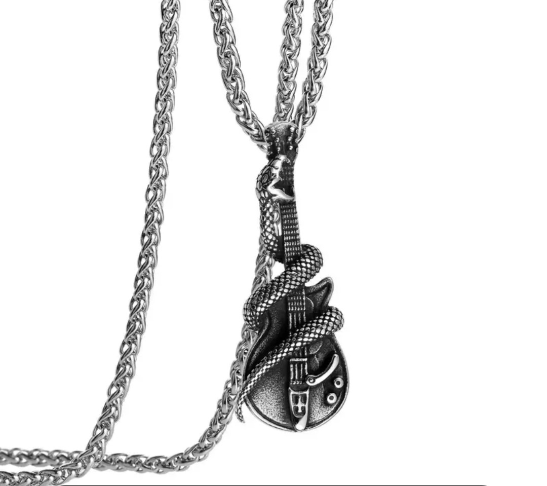 NEW! Stainless Steel Chain with Retro Style Python Guitar Alloy Pendant