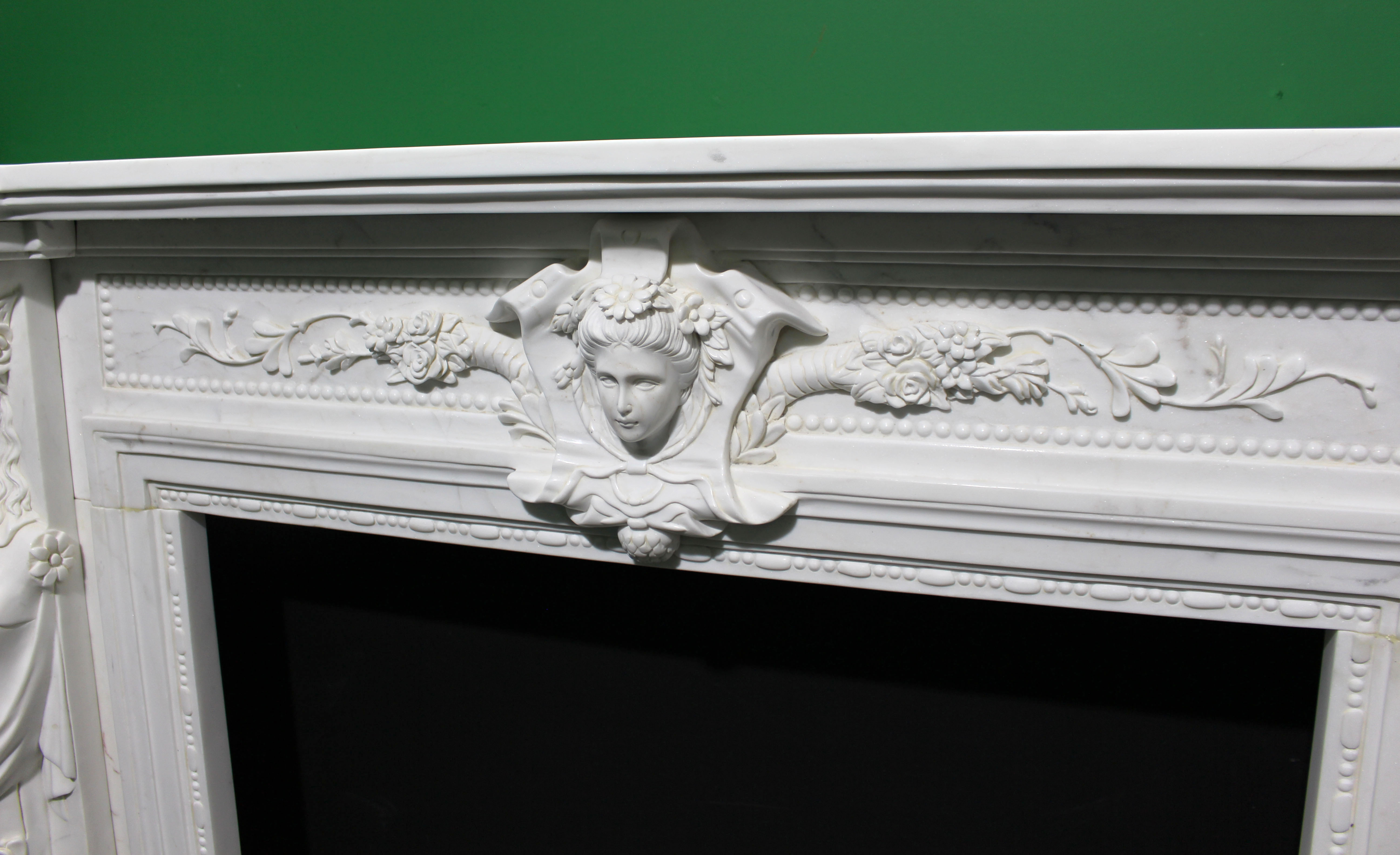 Fine Louis XVI Style Carved White Marble Fireplace Surround with Caryatid Figures