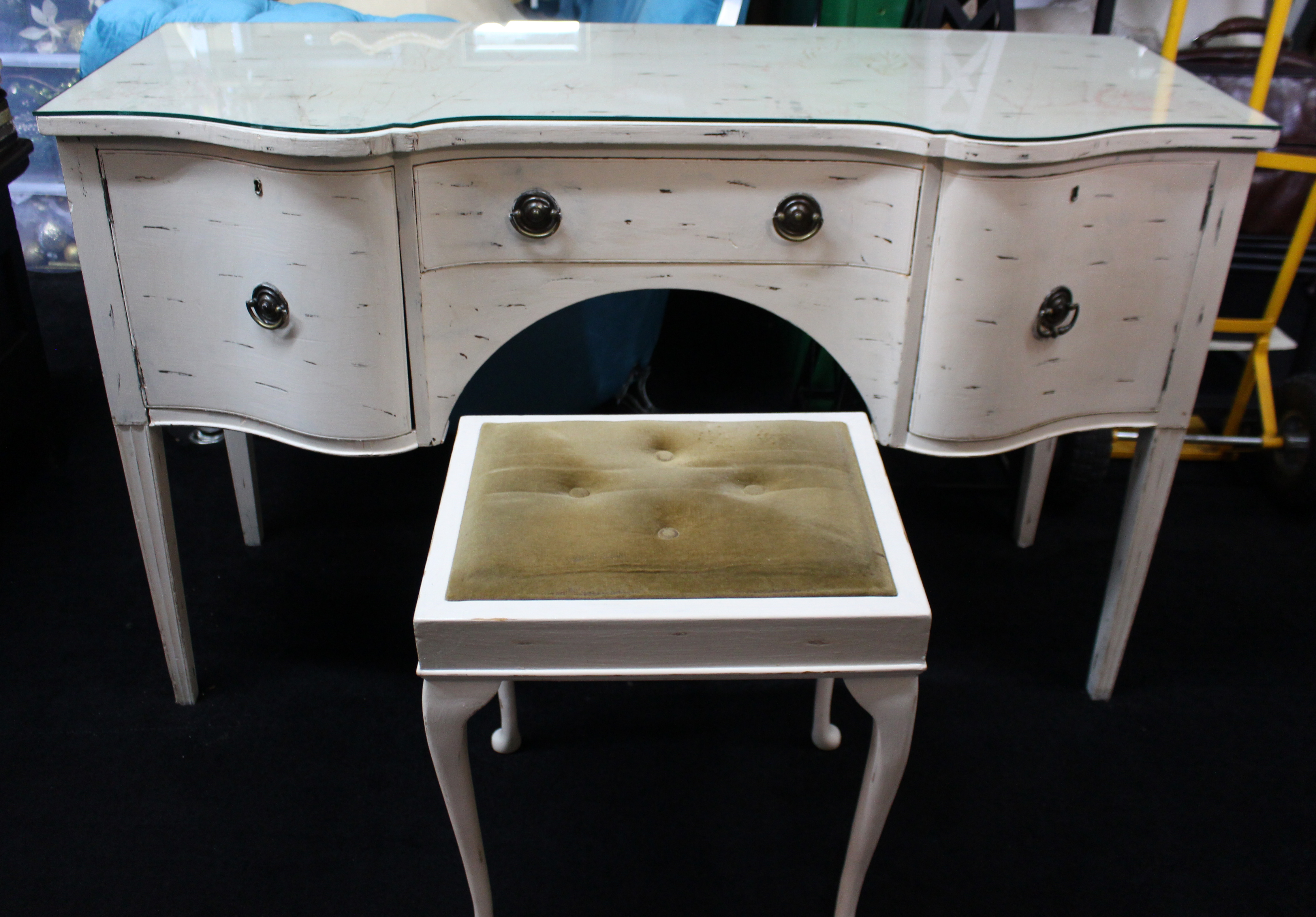 Vintage Painted Dressing Table with Stool – Distressed Cream Finish, Glass Top