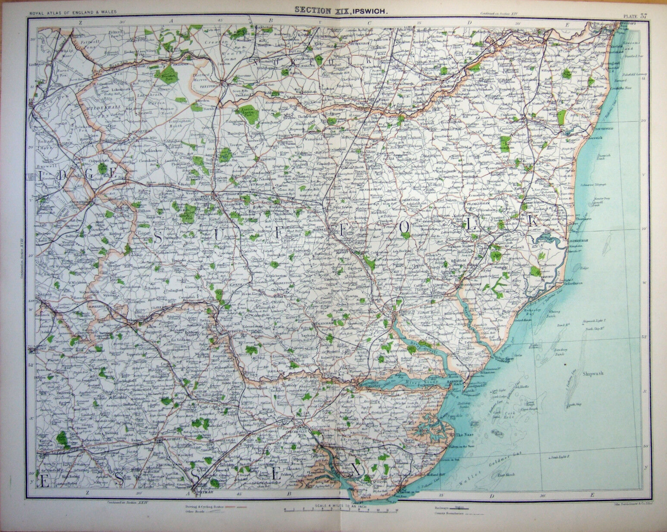 Victorian 1897 Map Suffolk & NE Essex Colchester Ipswich Harwich Felixstowe.