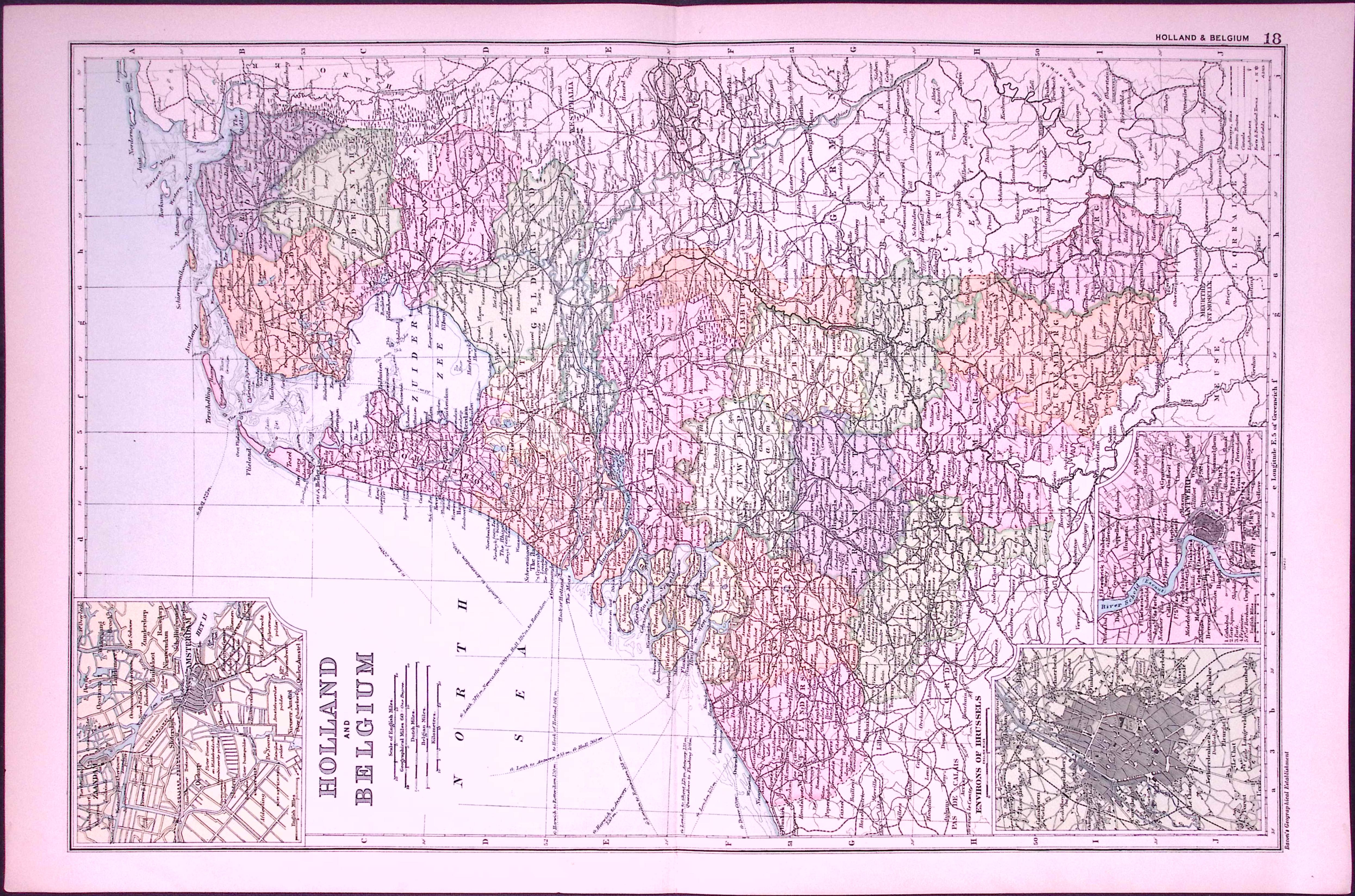 Holland & Belgium 120-Year-Old Large Coloured Antique Map by G.W. Bacon-18