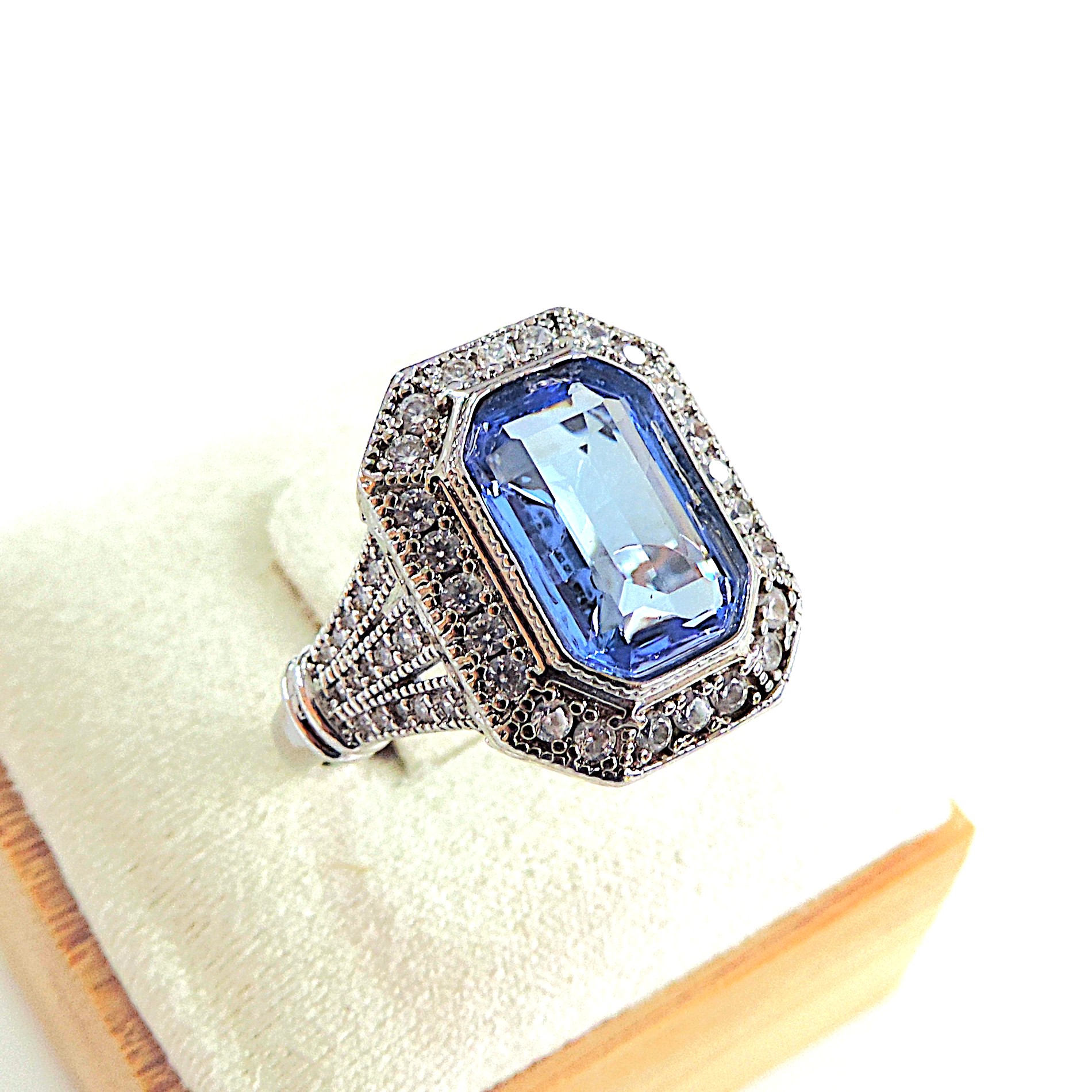 Art Deco Style Blue & White Zircon Cocktail Ring