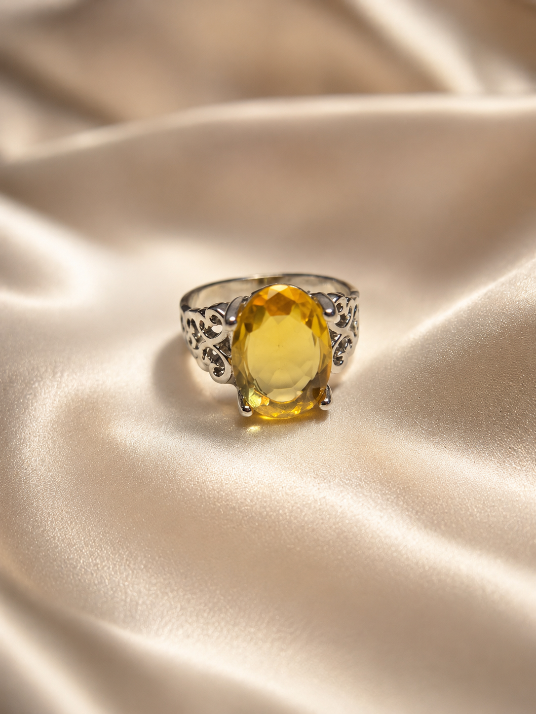 Silver Plated Ring With Synthetic Citrine – Oval Cut Yellow Gemstone