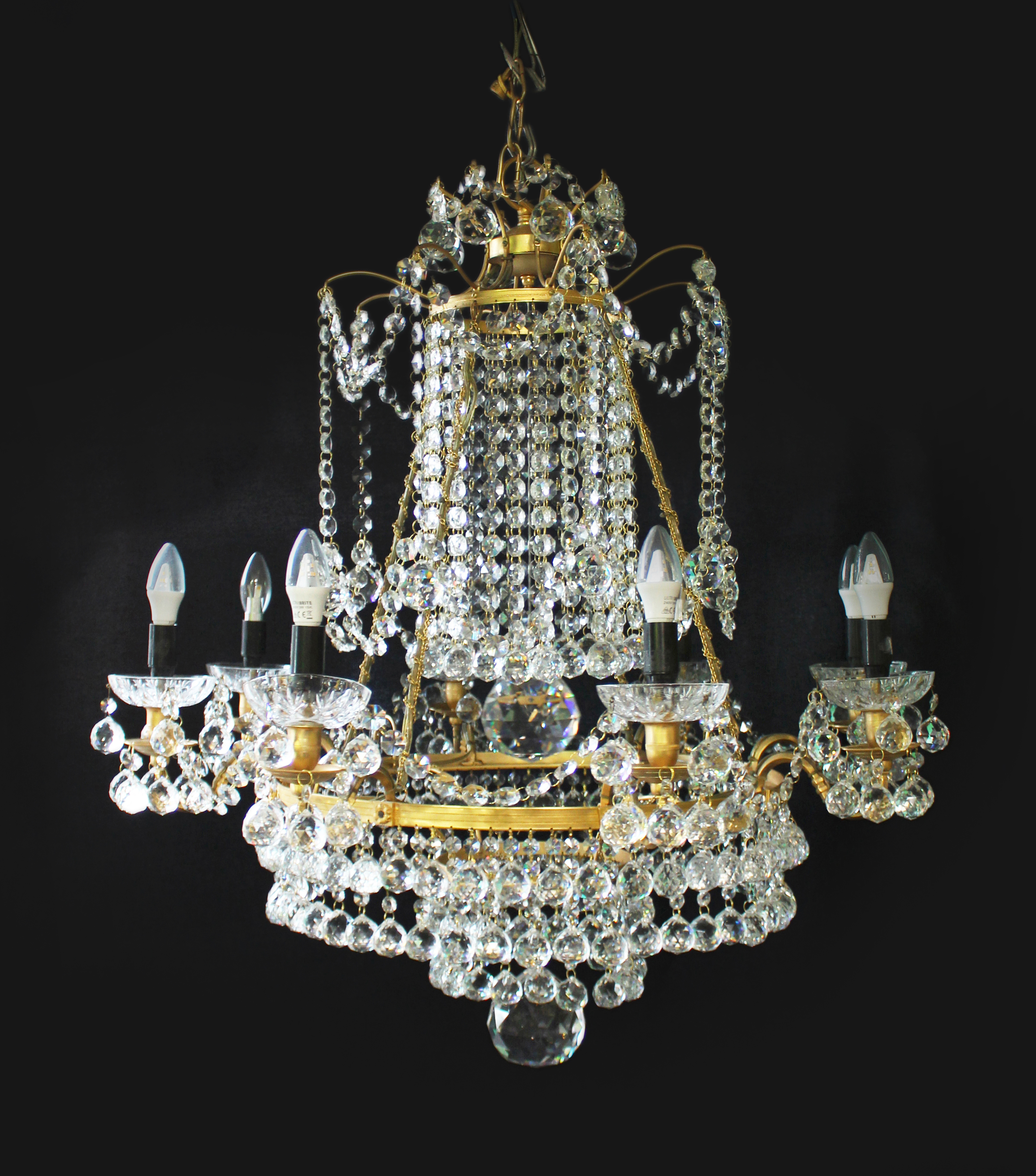 Large Empire Style Crystal and Ormolu Eight Light Chandelier