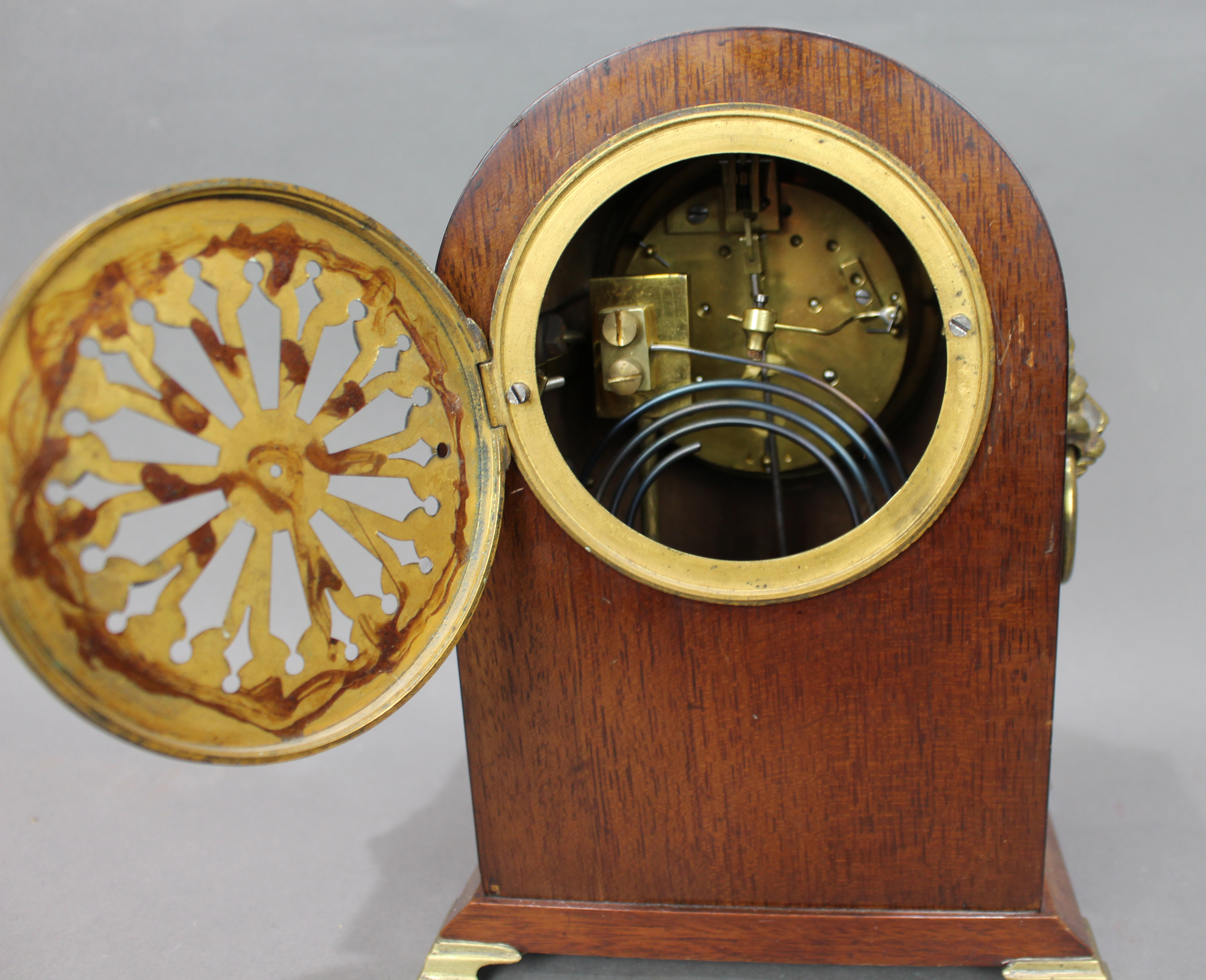 Antique French Mahogany & Brass Inlaid Mantel Clock by Marti c.1900