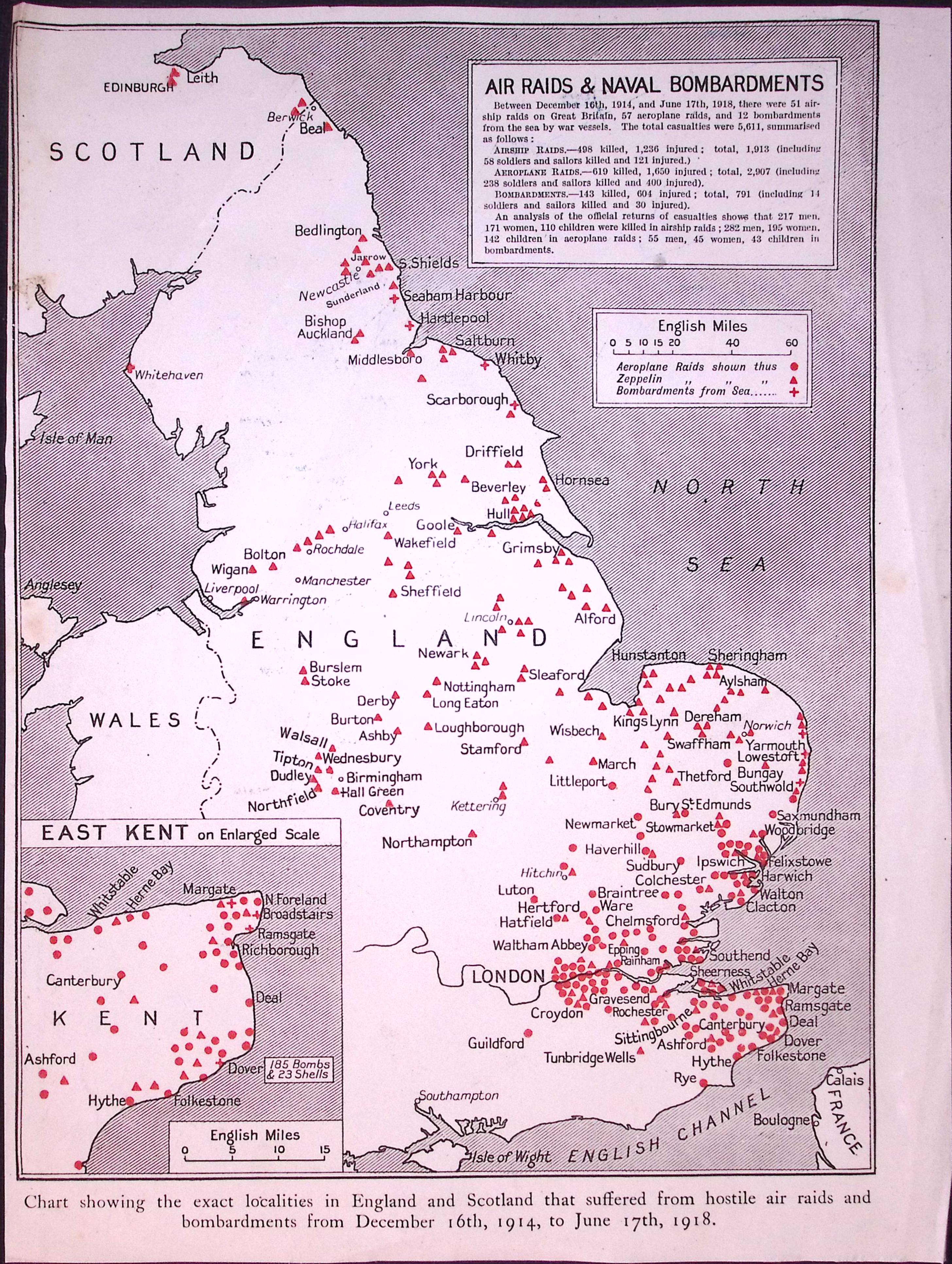 WW1 Air Raids & Naval Bombardments on Britain  Antique 1922 Coloured Map