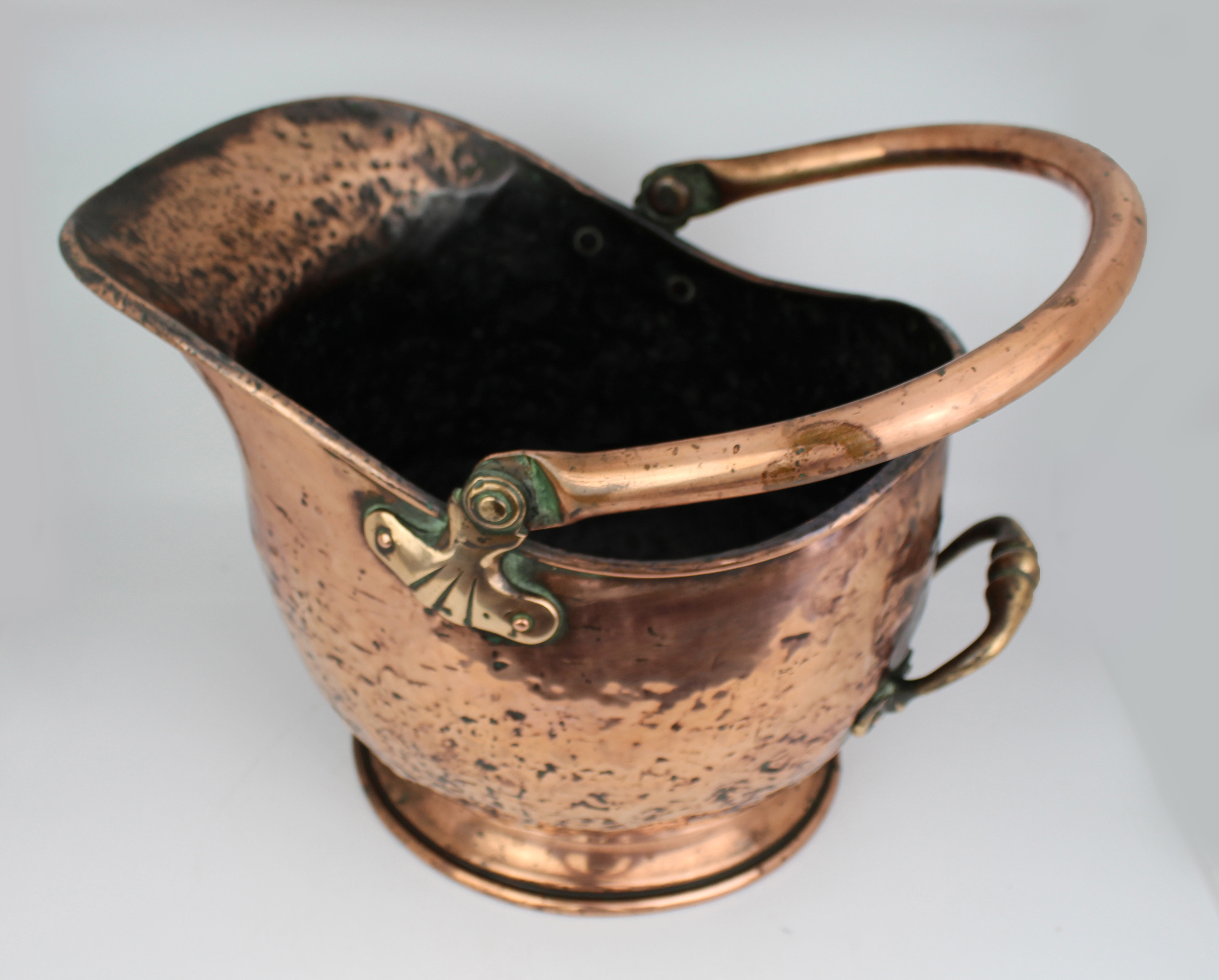 Victorian Copper Helmet Coal Scuttle with Brass Mounts