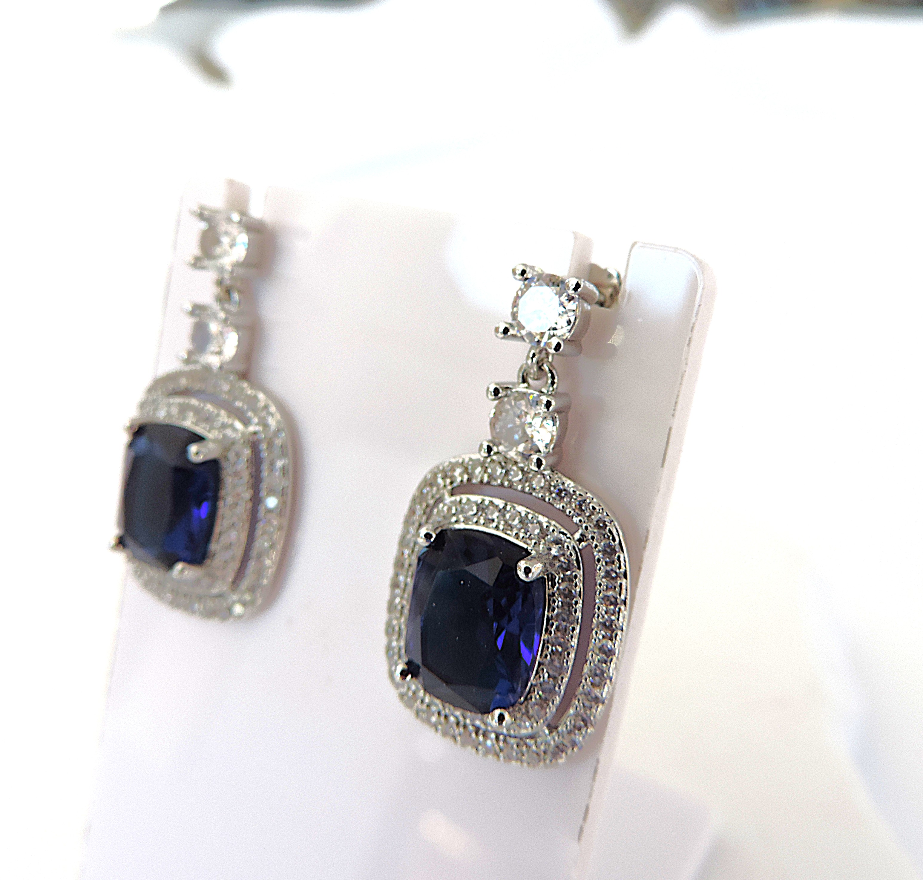 Orrevé Sapphire Blue & White Zircon Gemstone Drop Earrings 'New with Gift Box'