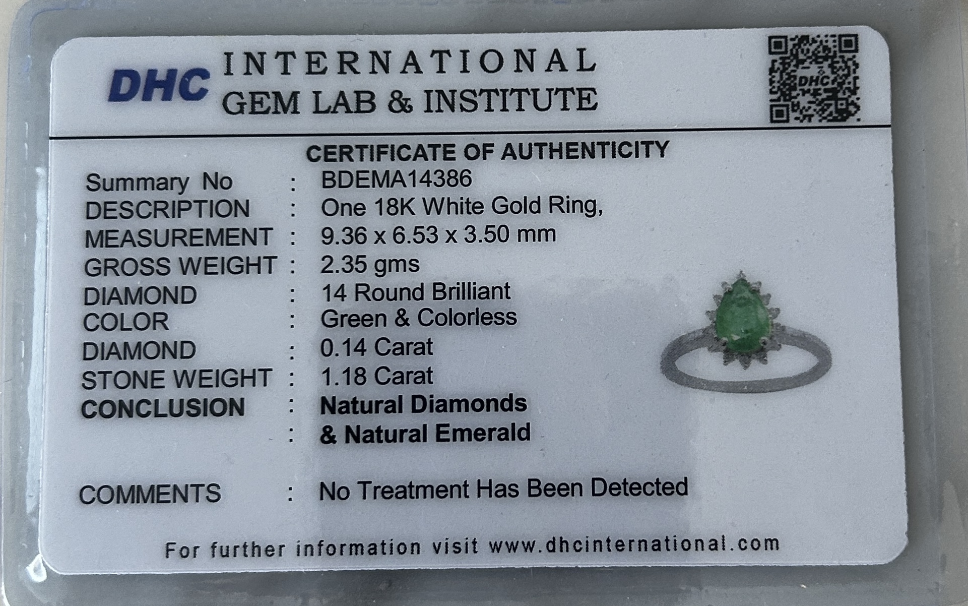 Beautiful 1.18ct Natural Emerald With Natural Diamonds & 18k Gold