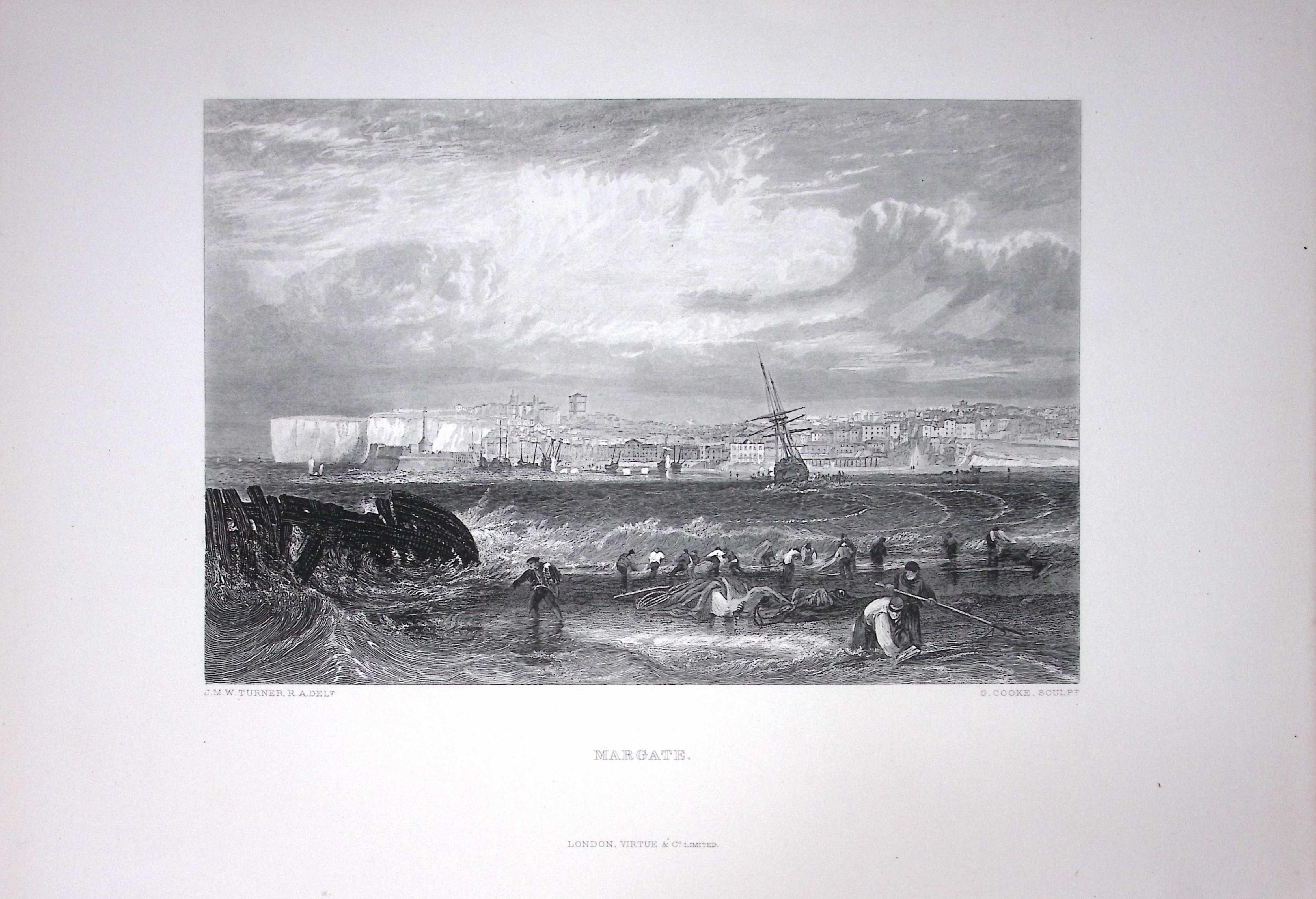 J.M.W Turner View of Margate Town & Beach Antique Steel Engraving-85-TR