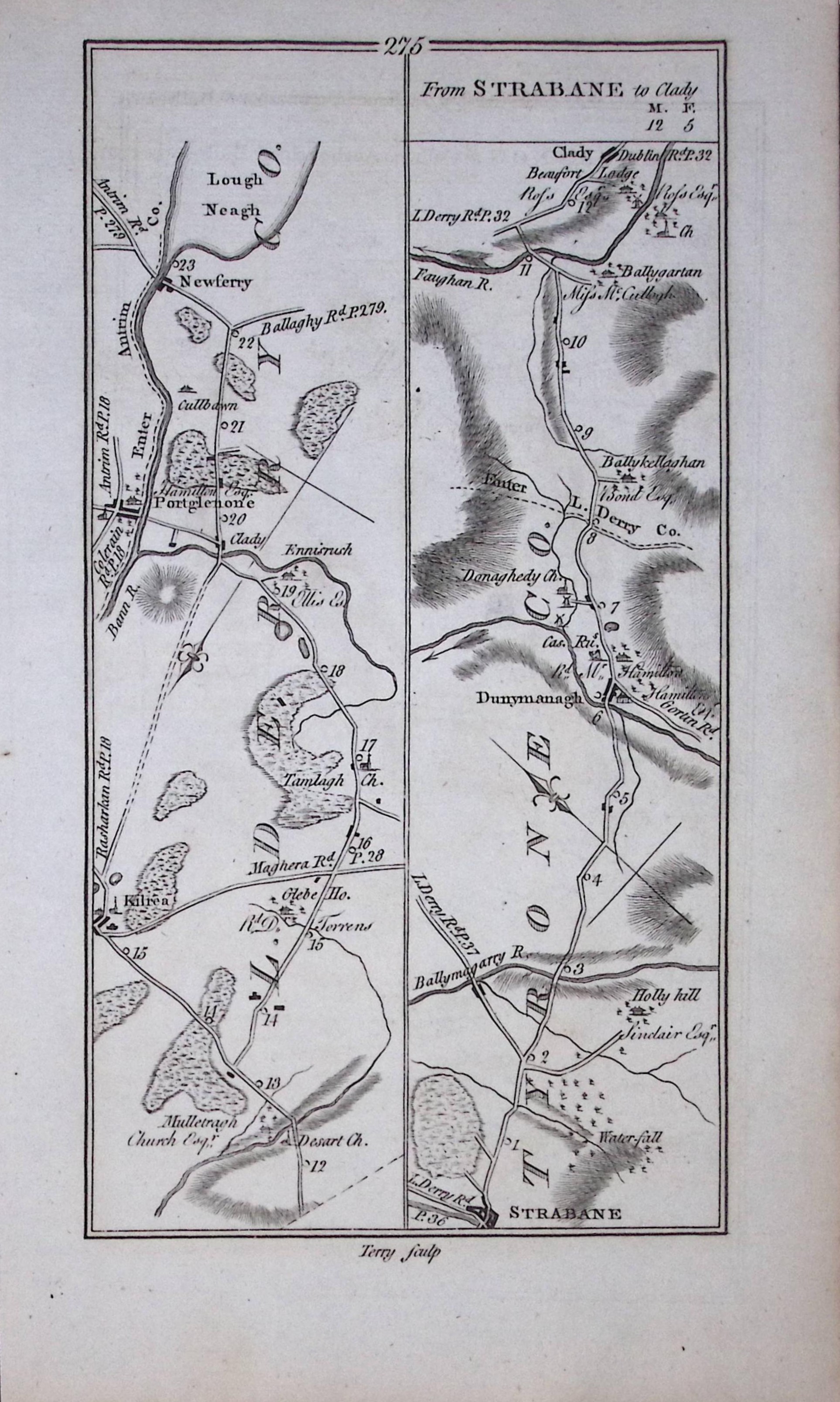 Ireland Rare Antique 245 Yr-Old Road Map Tyrone-Dungannon-Strabane-276