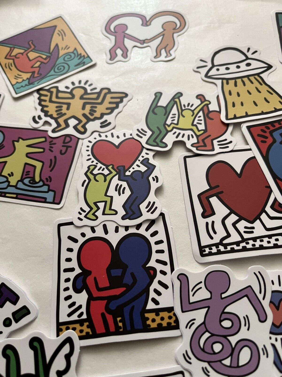 Keith Haring (1958-1990) 25 Piece Sticker Set, AV Size 5 x 5 cm Inc Family Hug, Disco Dino, 2020