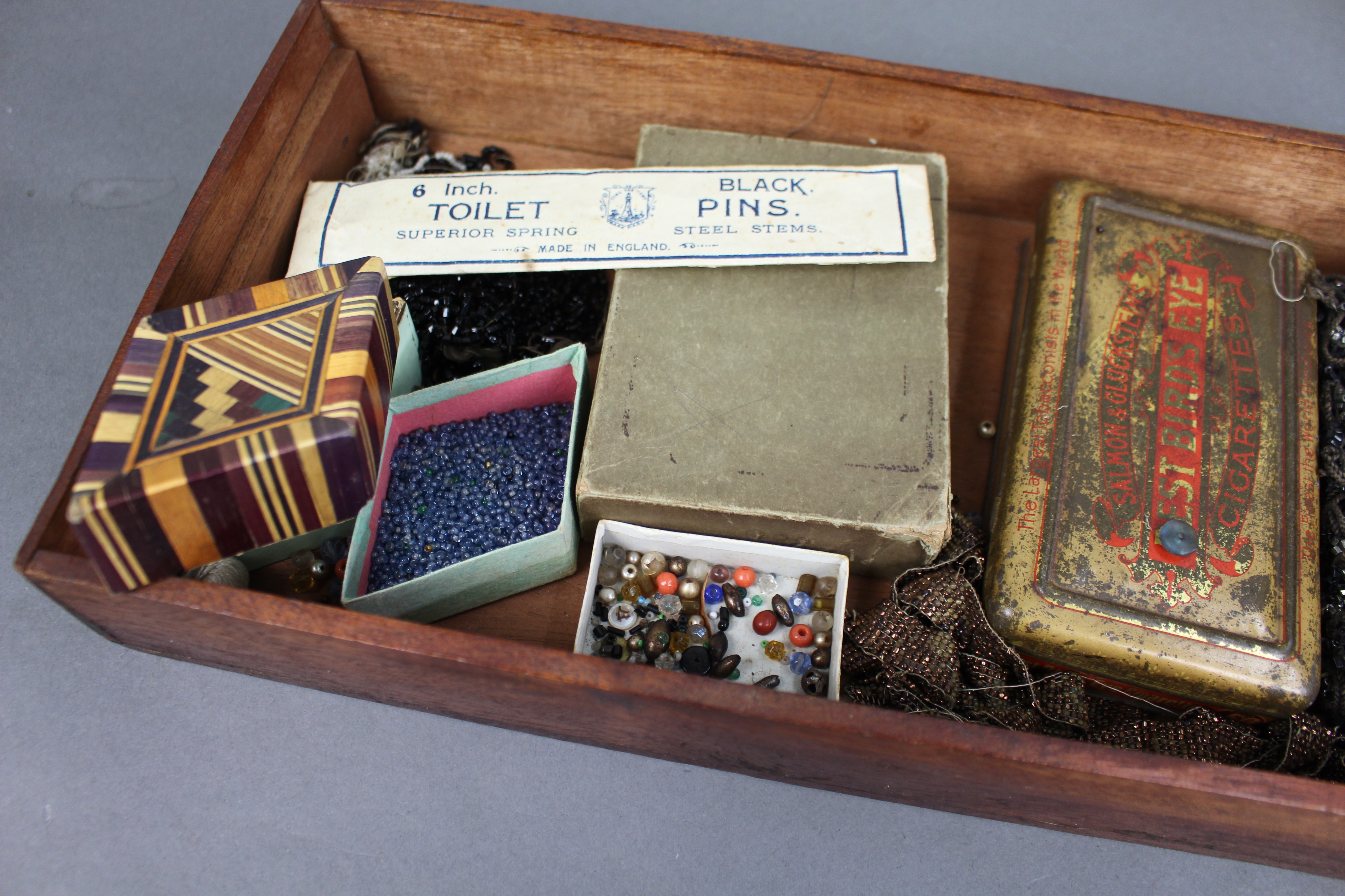 Antique Wooden Sewing Bead Work Box with Contents
