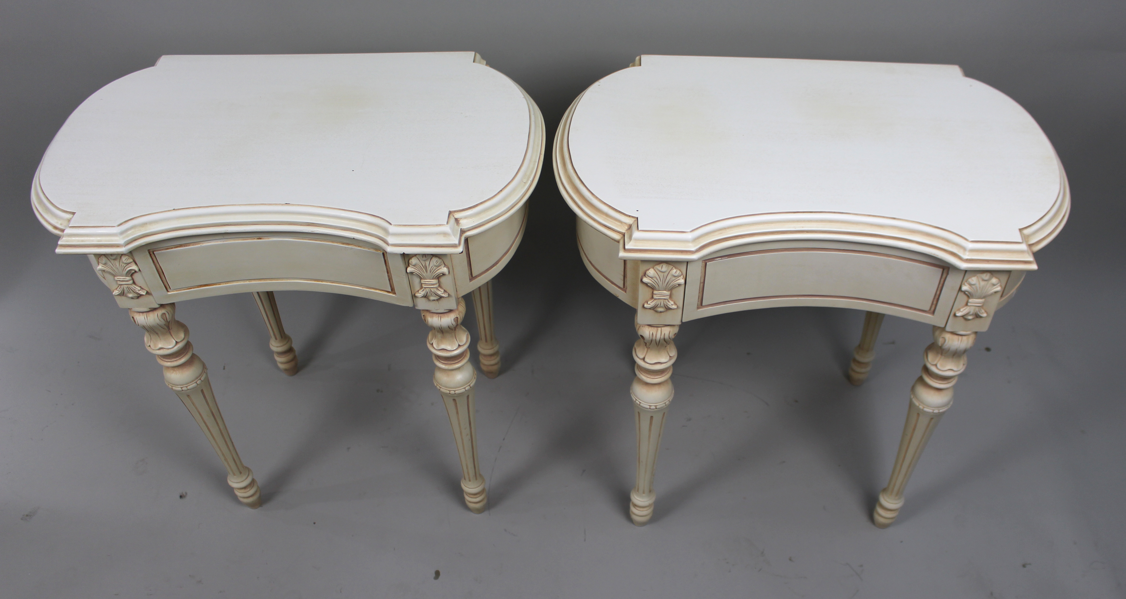 Pair of Cream Decapé Console Tables with Drawers
