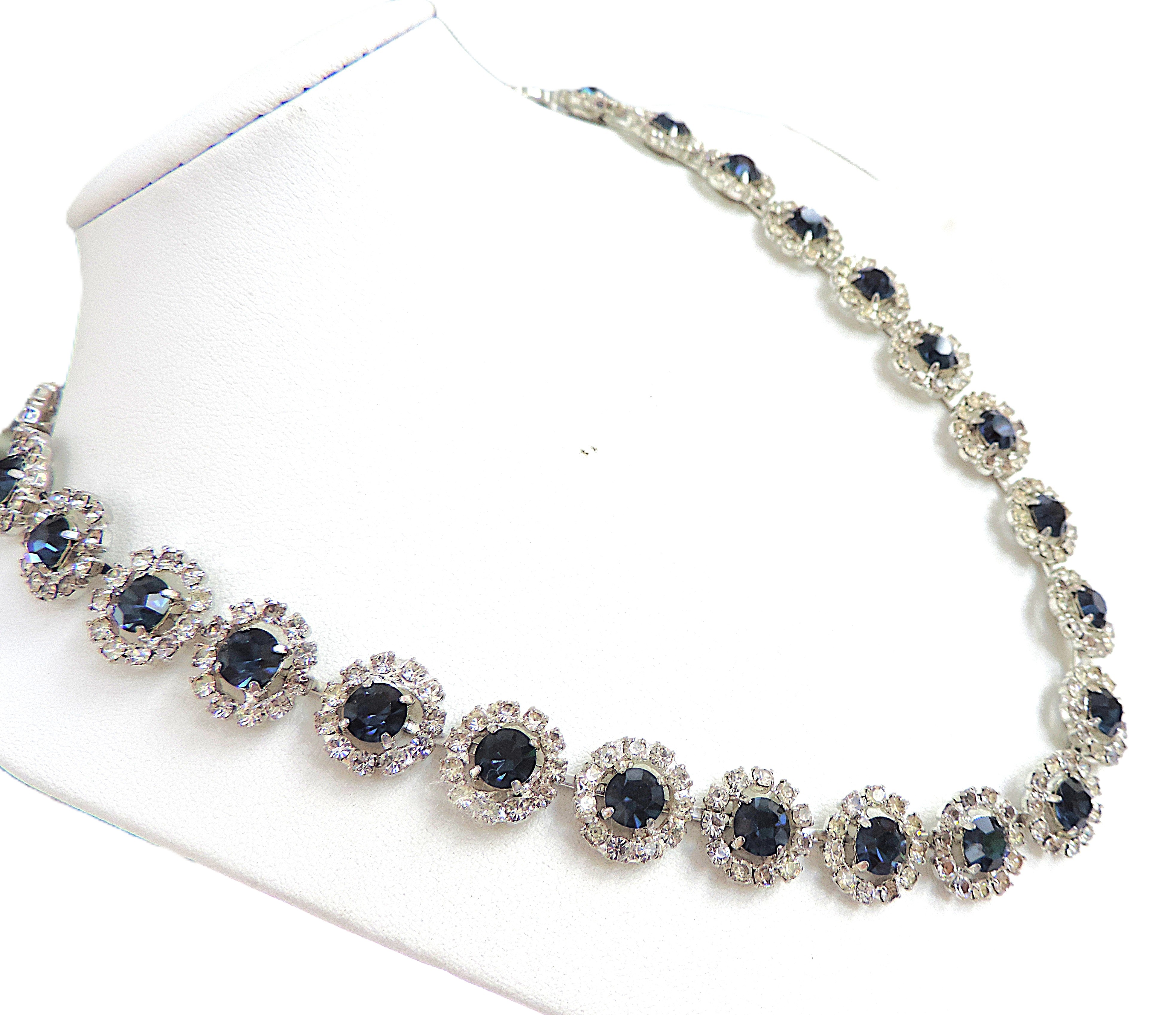 Vintage 1930's Sapphire Blue & White Rhinestone Crystal Necklace