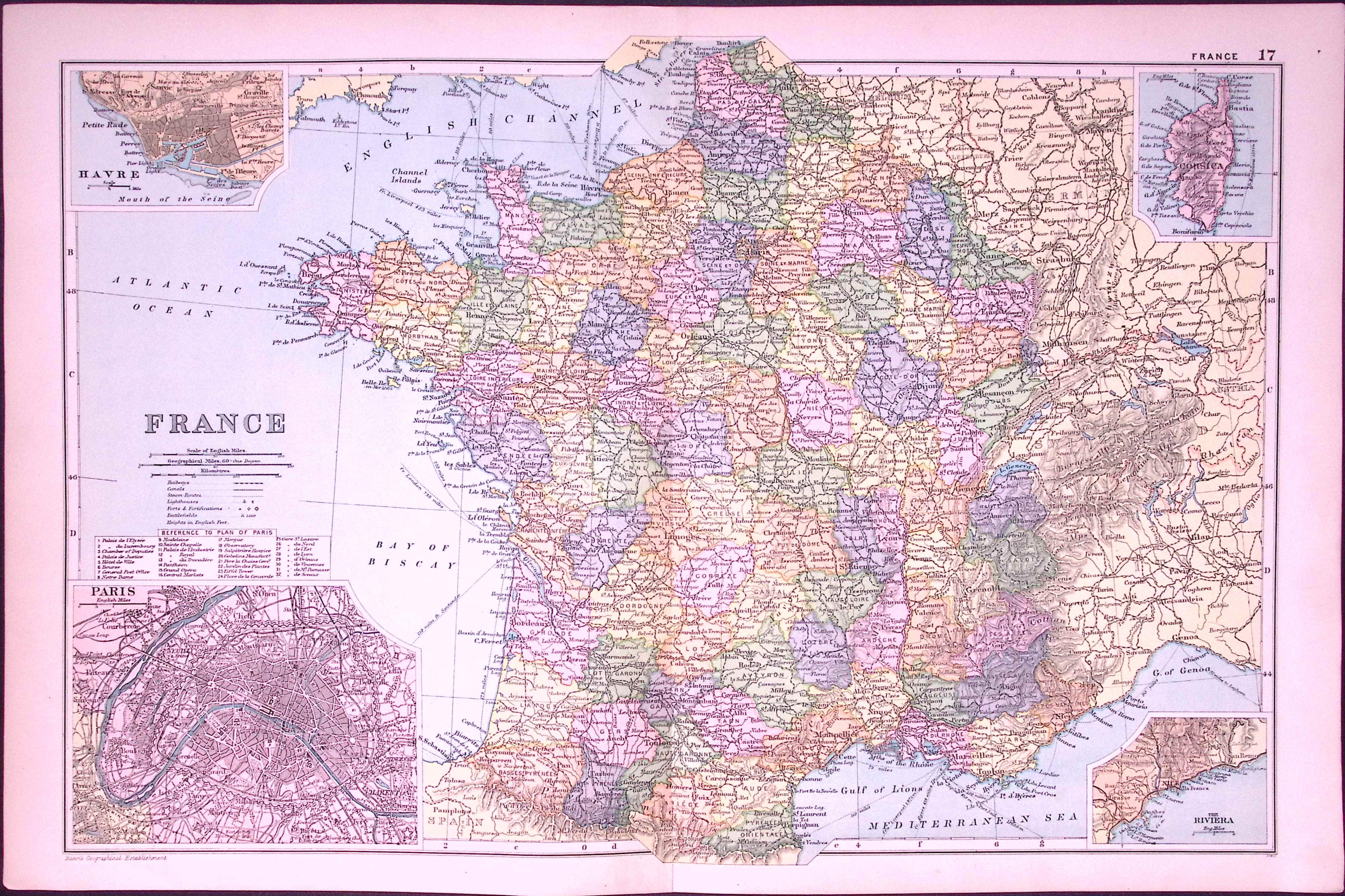 France & Paris 120-Year-Old Large Coloured Antique Map by G.W. Bacon-17