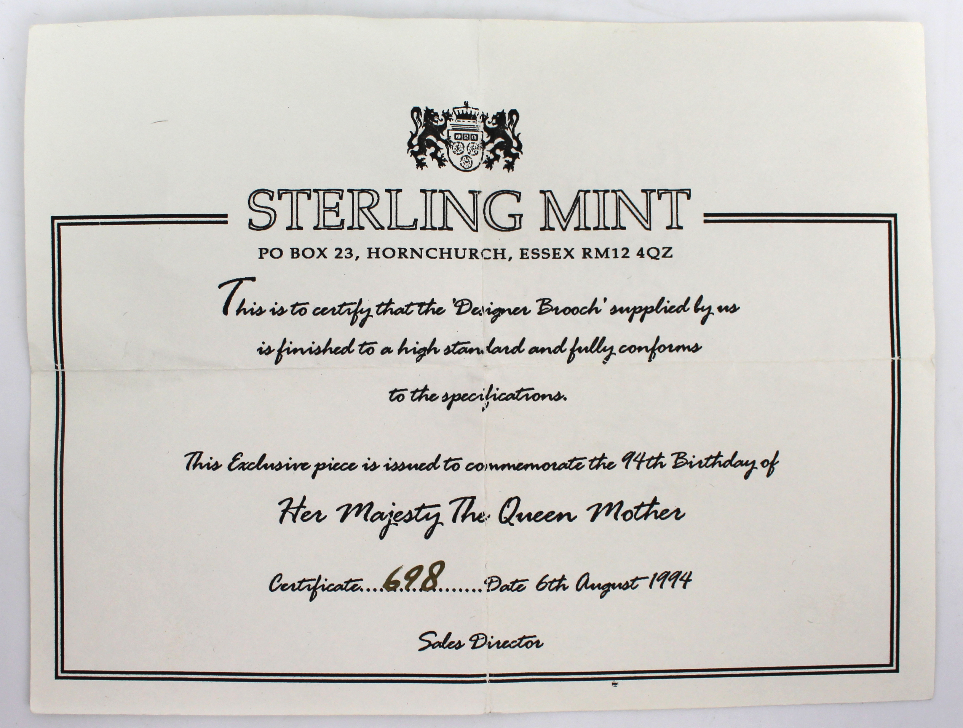 Sterling Mint Commemorative Brooch to Celebrate Her Majesty The Queen Mother