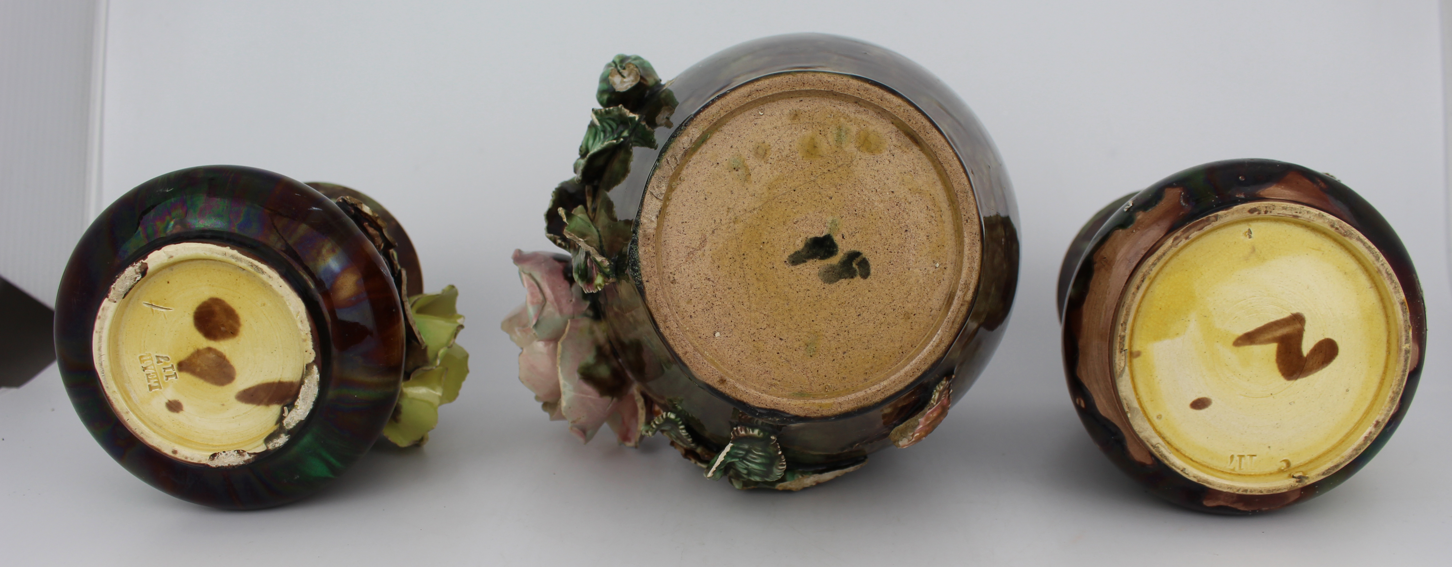 Set of 3 Decorative Victorian Floral Pottery Vases