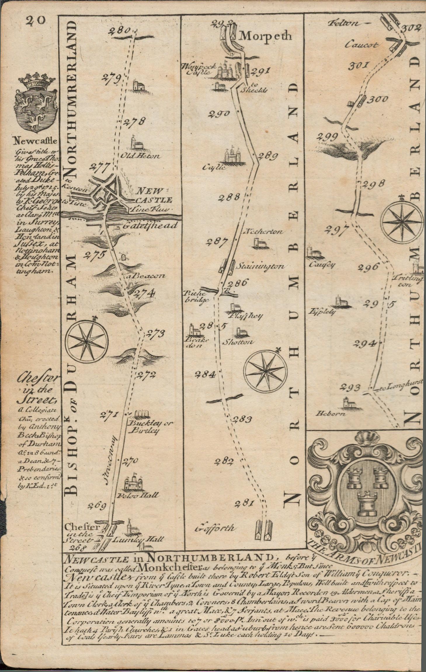 Bowen 290 Yrs Old Detailed Road Map Arms of the City of Durham & Newcastle.