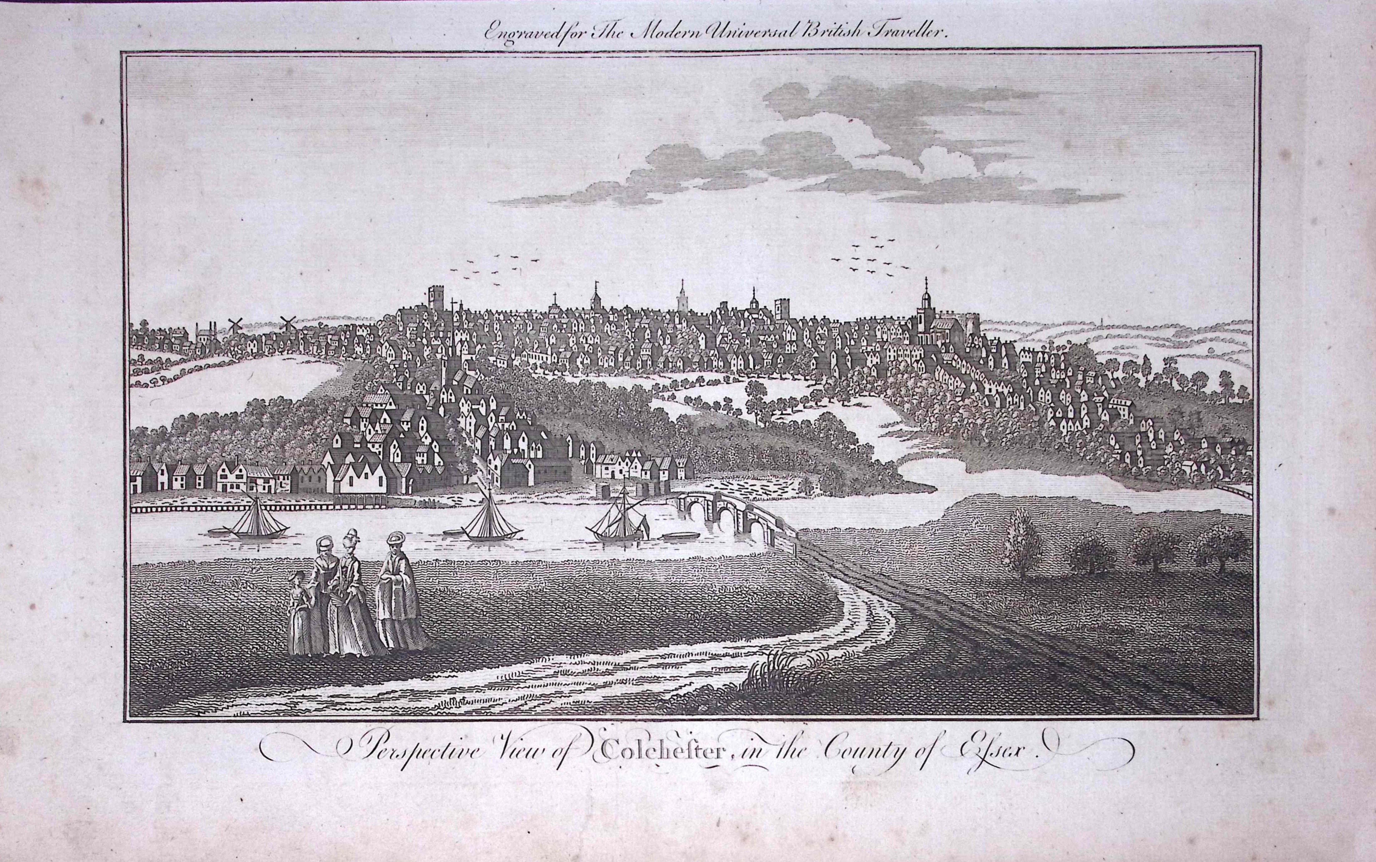 City of Colchester Essex Rare Large 247-Year-Old Antique Copperplate Engraving-60-TR