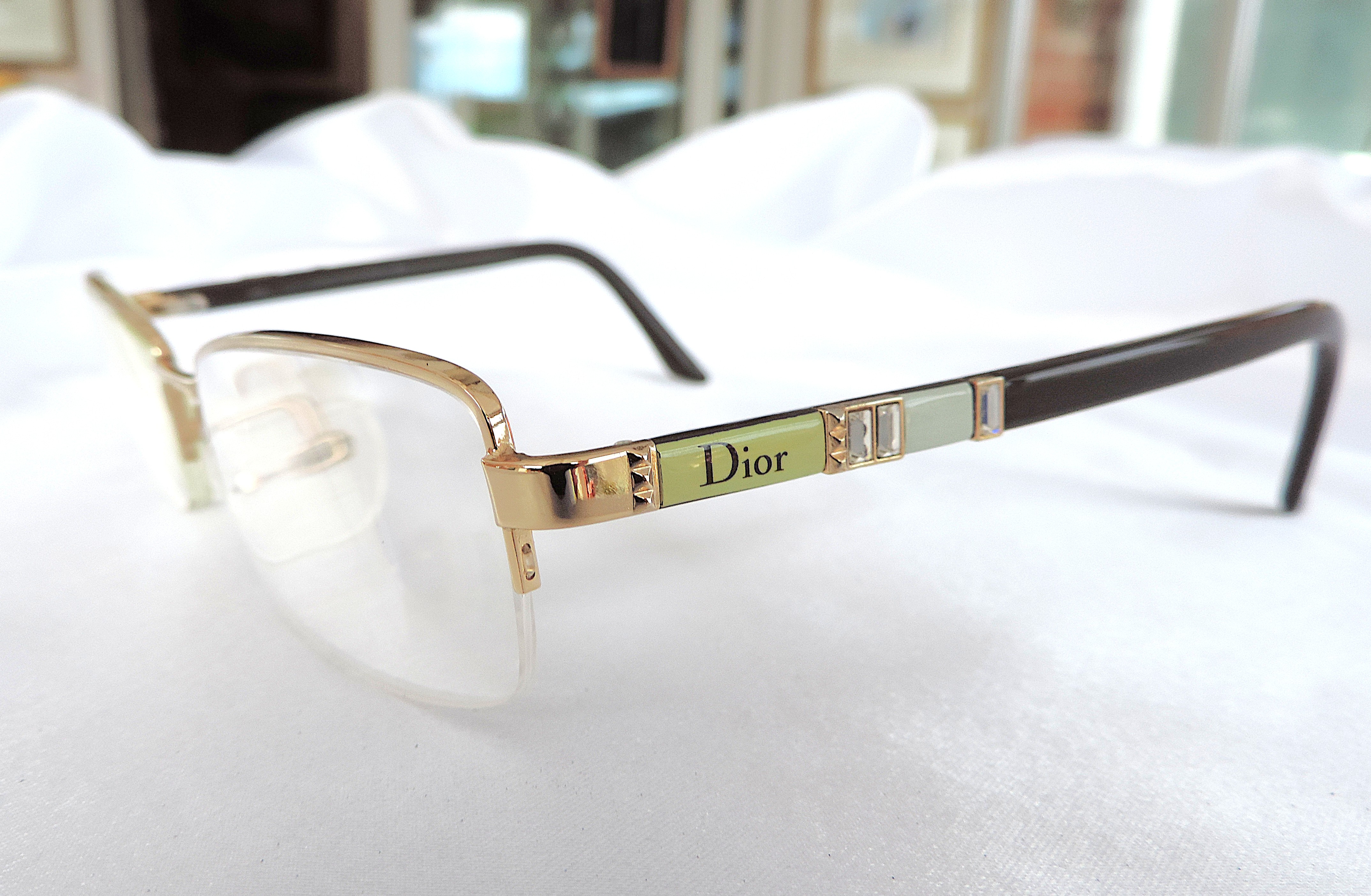 Christian Dior Prescription Glasses Frames  Gold With Crystal Accents Includes Case