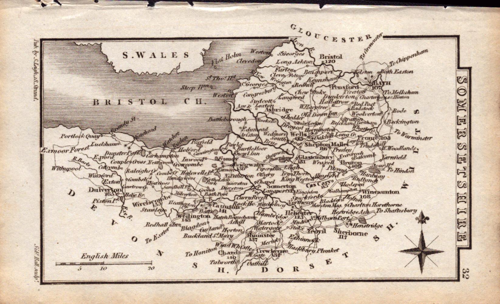 Somersetshire Antique Copper Engraved George IV Map by Sidney Hall.