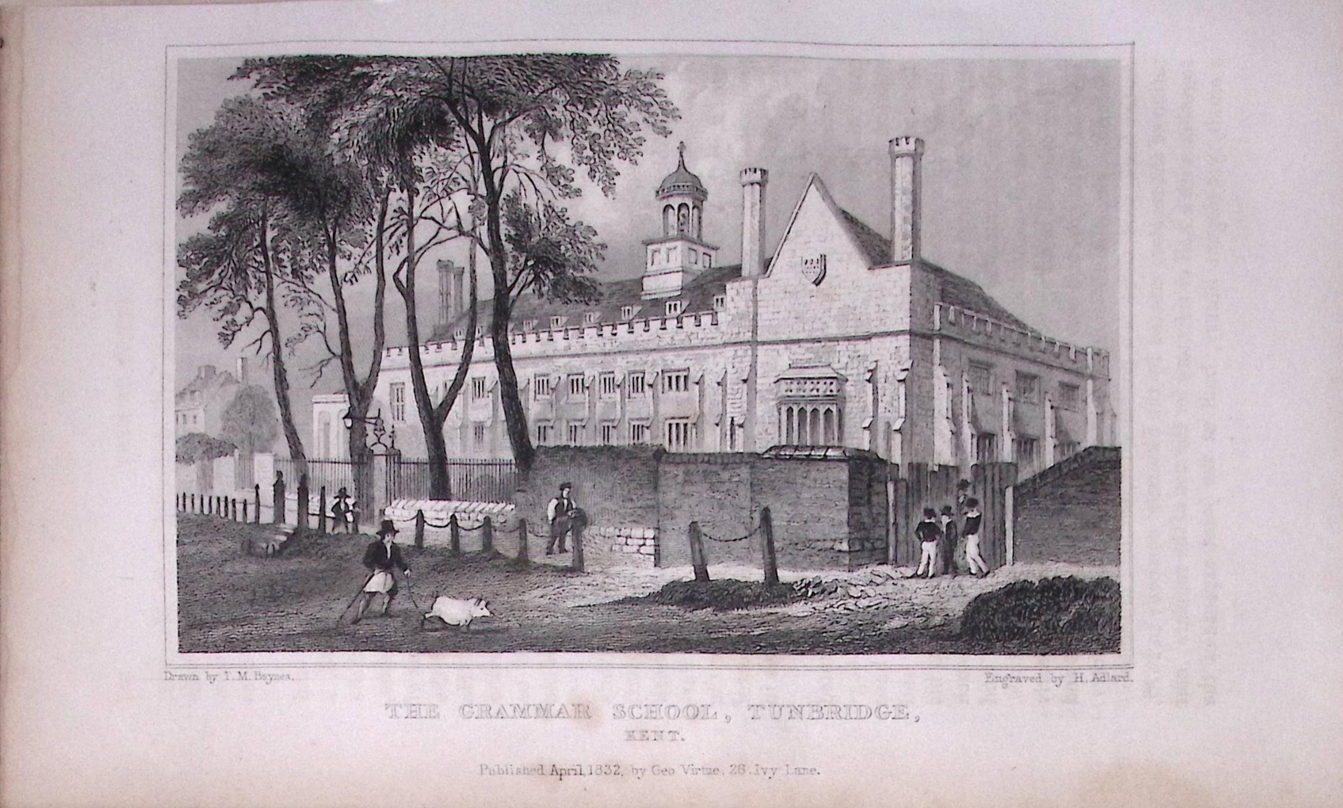 Tunbridge Grammar School Kent 1829 Antique 197 Years-Old Steel Engraving-45